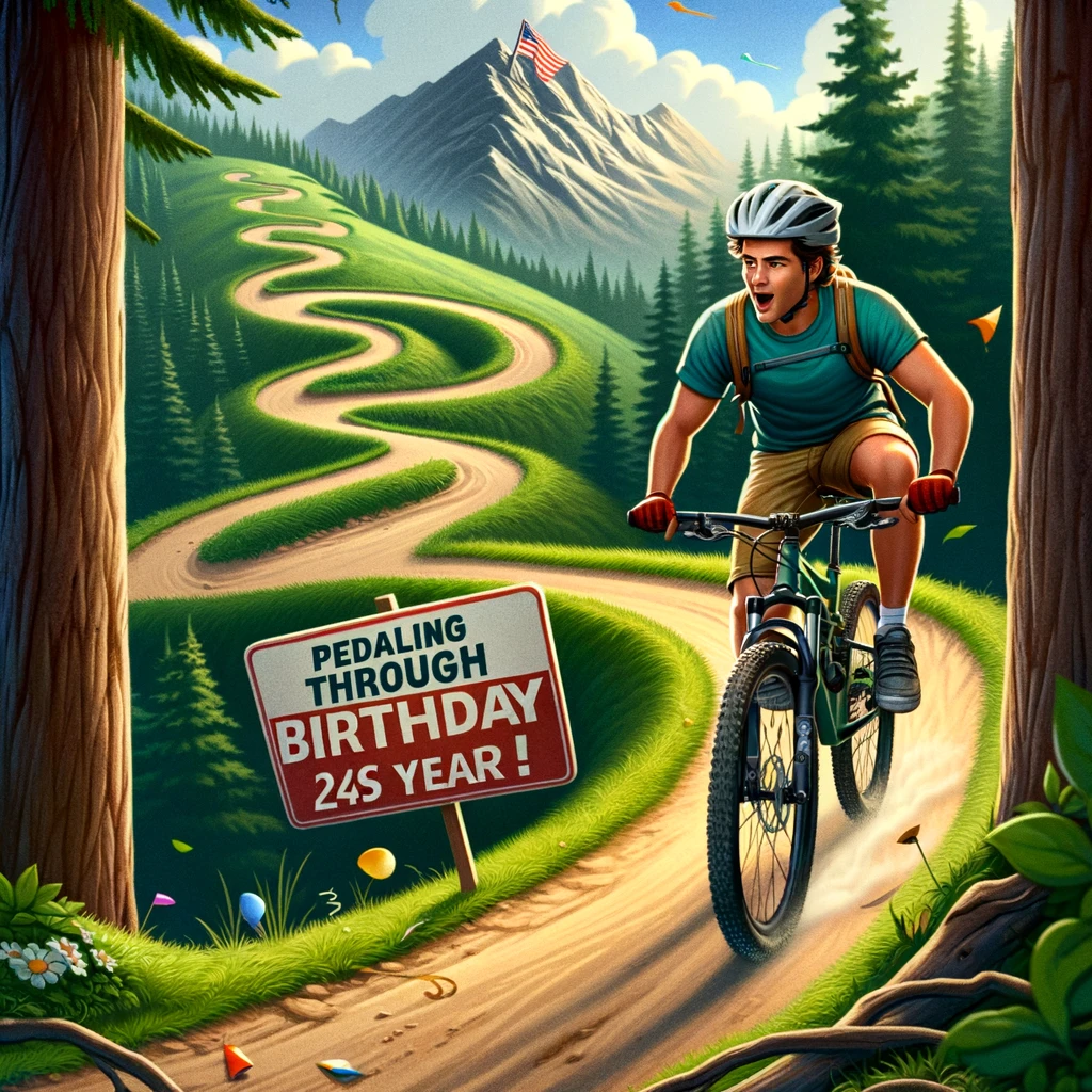 Biking Enthusiast Kyle theme for a happy birthday meme. This image features Kyle on a mountain bike, riding along a trail that artistically twists into the shape of his age. The setting is a breathtaking natural landscape, possibly a forest or mountainous area. A sign in the scene reads, "Pedaling through [Kyle's age] years. Happy Birthday, Cyclist!" The image should capture the thrill and beauty of mountain biking, with Kyle shown as an enthusiastic cyclist.