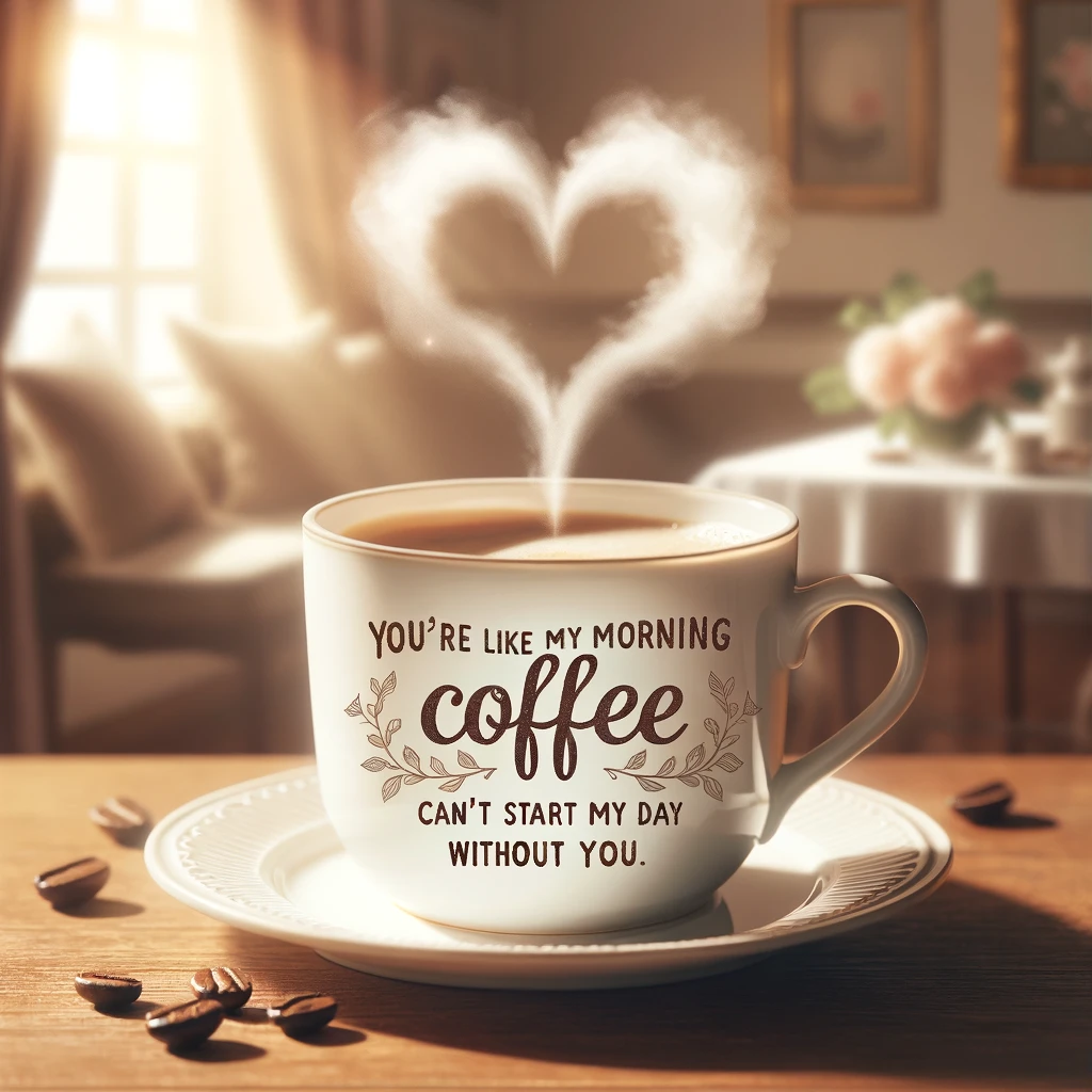 A steaming cup of coffee on a table with heart-shaped steam rising from it. The coffee cup is white and elegant, placed on a wooden table. In the background, there's a soft focus view of a cozy room. Overlay text on the image in a playful, charming font reads, "You're like my morning coffee, can't start my day without you." The overall tone of the image is warm, inviting, and romantic, with a touch of humor.