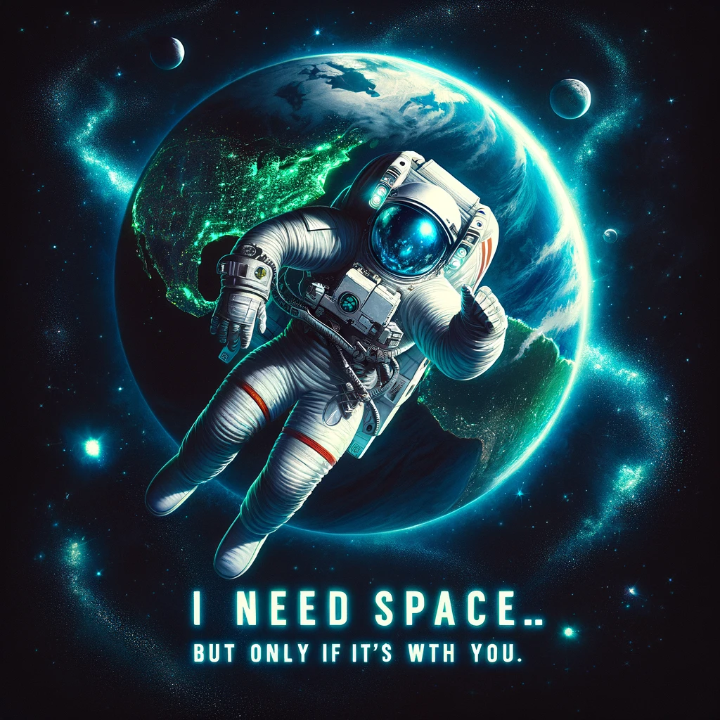 An astronaut floating in space, surrounded by a vast expanse of stars. The astronaut is in a modern space suit, gently drifting, with the Earth visible in the background. The Earth is uniquely heart-shaped, glowing with vibrant blues and greens, symbolizing love and romance. A caption in a playful, futuristic font floats near the astronaut, reading: "I need space... but only if it's with you." The image conveys a sense of adventure and romance, blending the majesty of space with a flirty message.