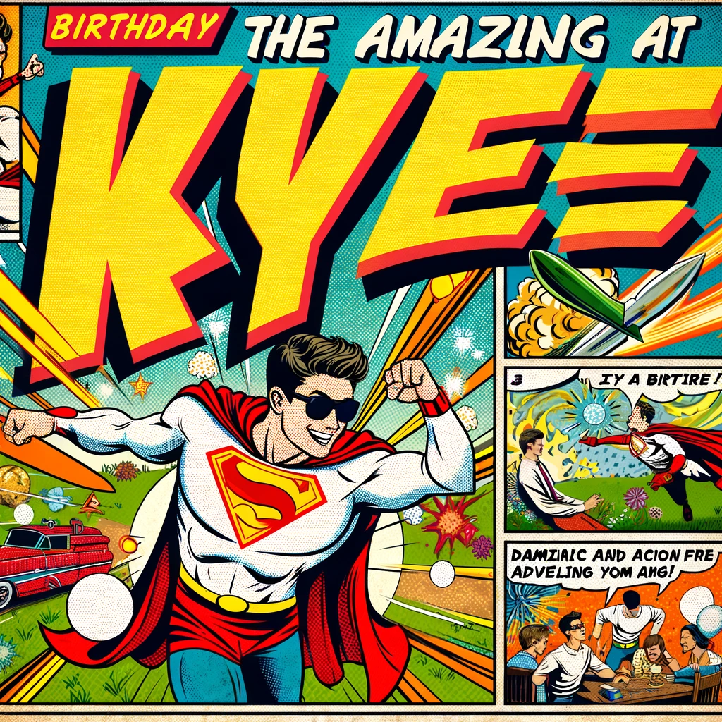 Comic Book Fan Kyle theme for a happy birthday meme. This image is designed as a vibrant comic book cover featuring Kyle as the hero. The title of the comic is "The Amazing Kyle at [Age]!" with dynamic and action-packed scenes from his past year's adventures in the background. The cover should be colorful and energetic, resembling classic comic book styles, and showcasing Kyle in a heroic pose, possibly wearing a costume or holding a symbolic item related to his interests.