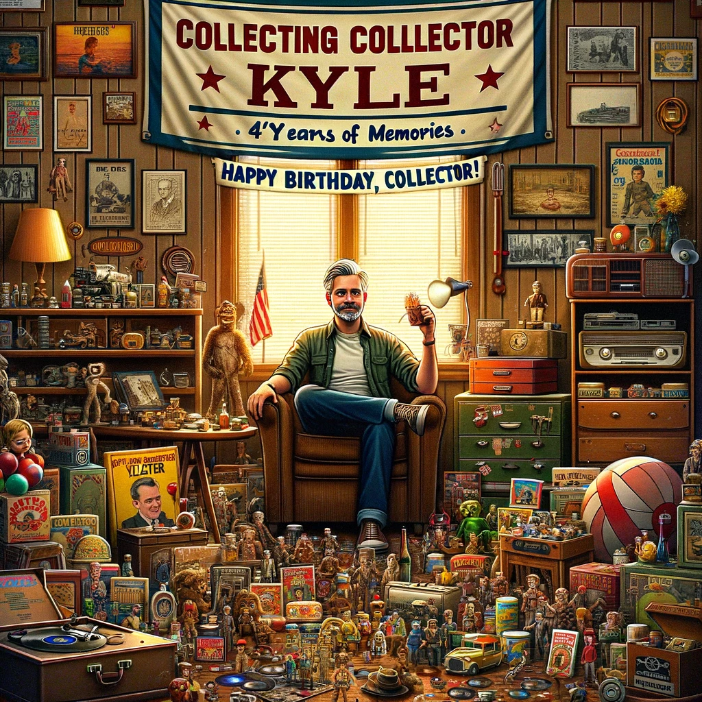 Vintage Collector Kyle theme for a happy birthday meme. The image depicts Kyle in a room filled with a variety of vintage collectibles, each representing a year of his life. The room should have a nostalgic and eclectic atmosphere, showcasing items like old records, classic toys, vintage posters, and antique furniture. A banner in the room says, "Collecting [Kyle's age] years of memories. Happy Birthday, Collector!" The scene should capture Kyle's passion for collecting and the richness of his collection.