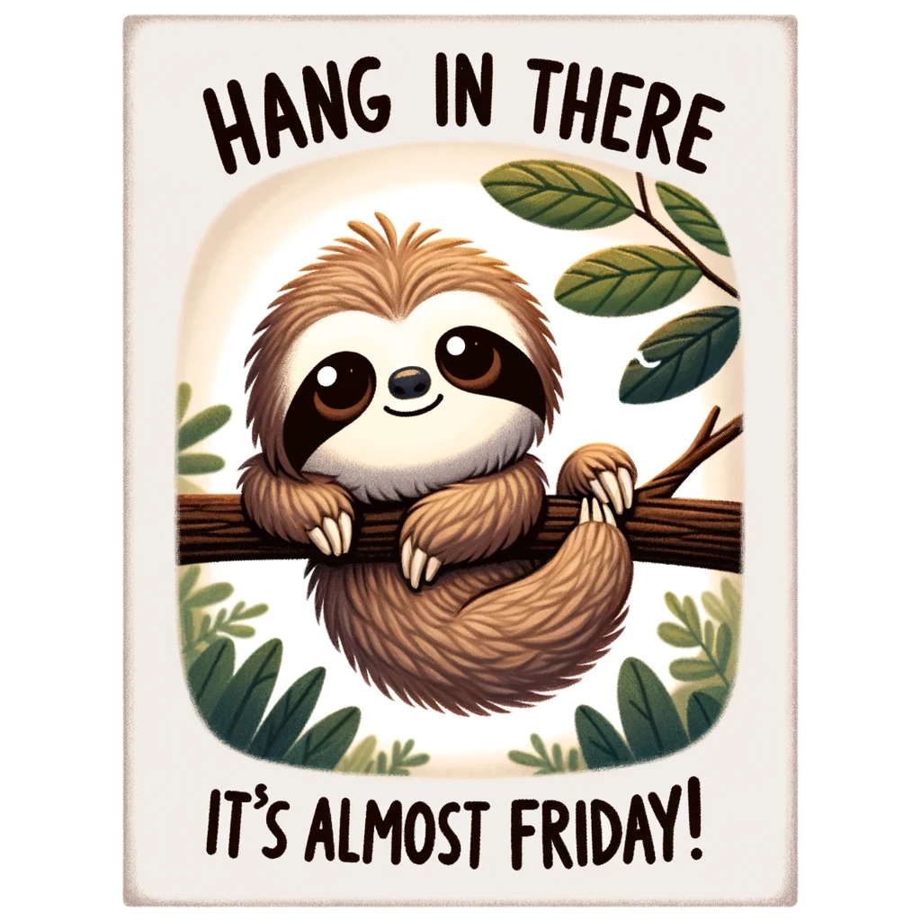 A cute sloth hanging from a tree with a sleepy expression. Above it, the text reads, "Hang in there," and below, "It's almost Friday!" The sloth should look adorable and a bit tired, emphasizing the feeling of the week almost being over but not quite there yet. The background should be a simple, natural setting, like a jungle or forest, to complement the sloth's natural habitat.