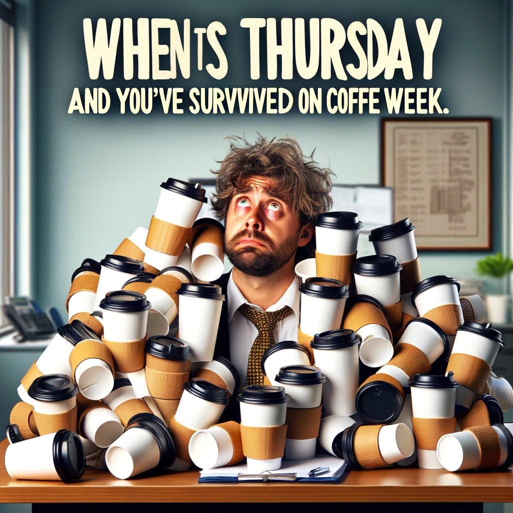 An office worker surrounded by a mountain of coffee cups, looking overwhelmed but determined. The text above says, "When it's Thursday and you've survived on coffee all week." The office worker should appear busy and a bit frazzled, with a desk or office setting. The coffee cups should be in various states of use, some empty, some full, emphasizing the heavy reliance on coffee. The image should convey a sense of humor about the workweek and the need for caffeine.