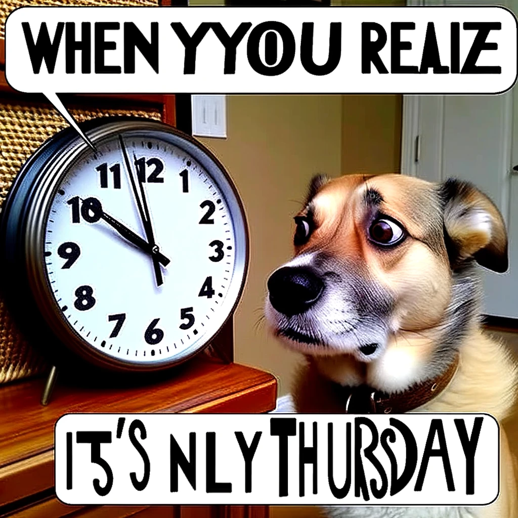 A dog looking at a clock with a puzzled expression. The caption reads, "When you realize it's only Thursday." The dog should look confused and a little disappointed, capturing the feeling of time moving slowly. The clock should be prominently displayed, showing a time that implies it's still daytime. This scene should have a humorous and lighthearted feel, possibly in a home setting to reflect the dog's domestic environment.