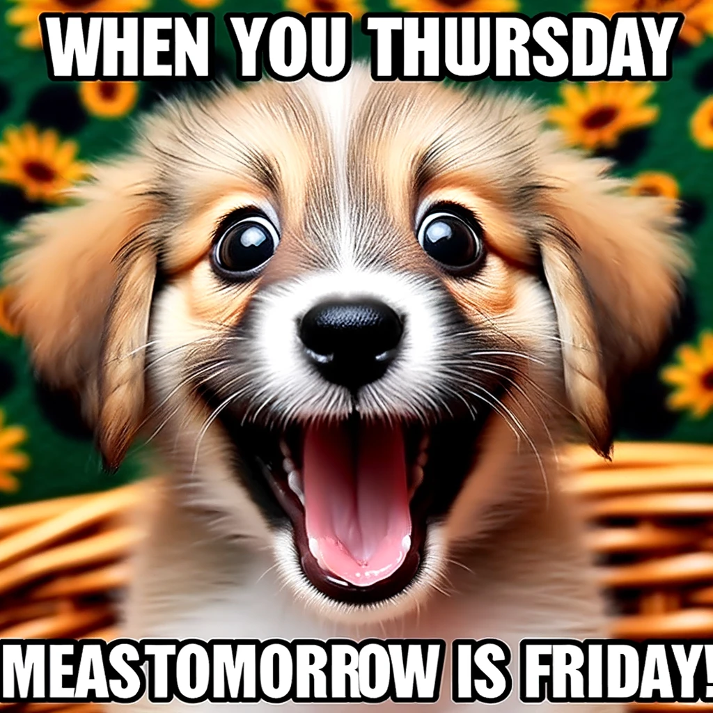 A puppy with an overly excited face and a caption saying, "When you realize Thursday means tomorrow is Friday!" The puppy should appear extremely happy and enthusiastic, capturing the optimism of nearing the end of the week. The background can be a joyful and lively setting, like a park or a playful indoor scene. The image should embody the feeling of excitement and anticipation for the approaching weekend, represented by the cheerful demeanor of the puppy.