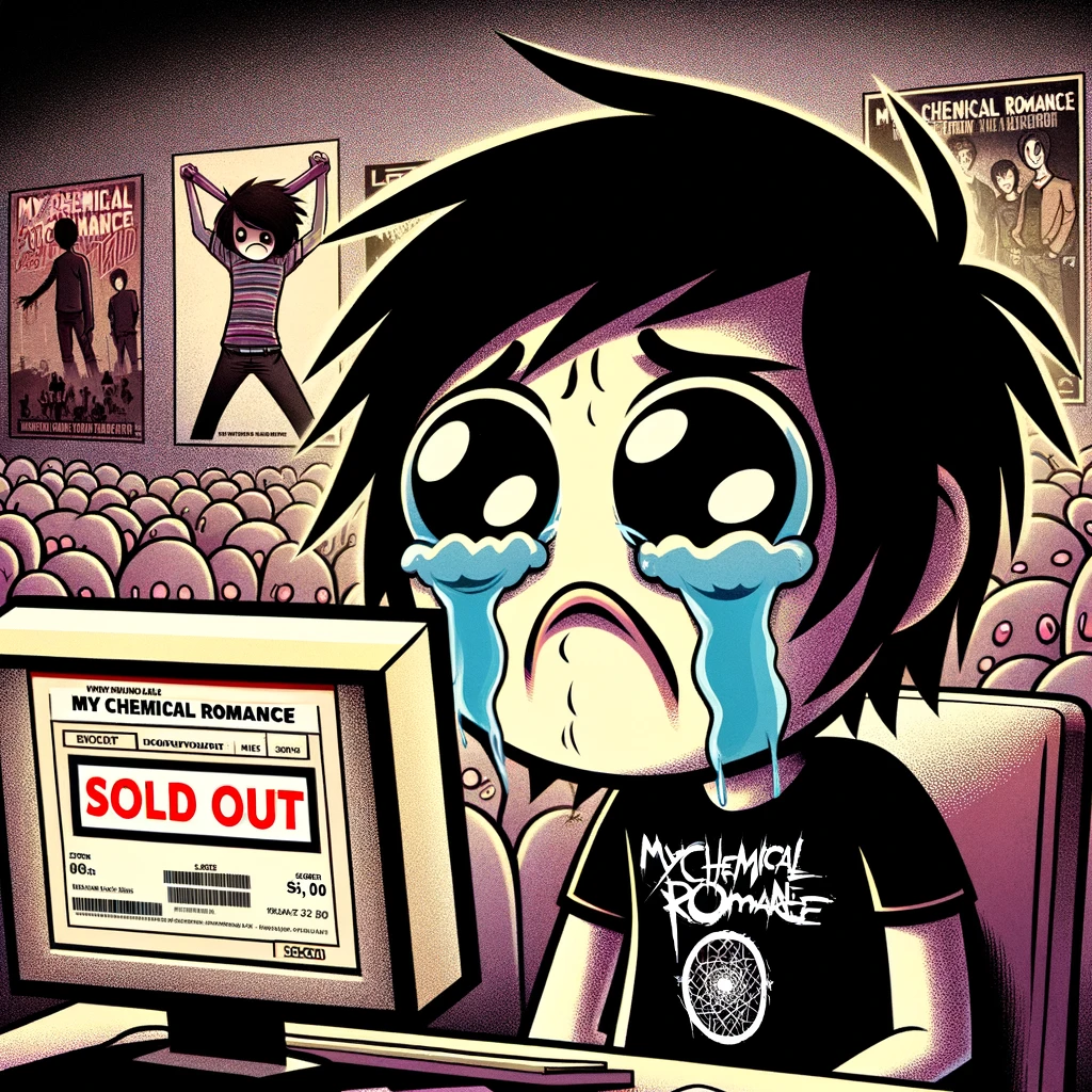 A dramatically sad cartoon character with exaggerated teardrops streaming from their eyes, standing in front of a computer screen displaying a "Sold Out" message for My Chemical Romance concert tickets. The character is wearing a band t-shirt and is surrounded by emo band posters in the background, creating a scene of disappointment and music fandom.