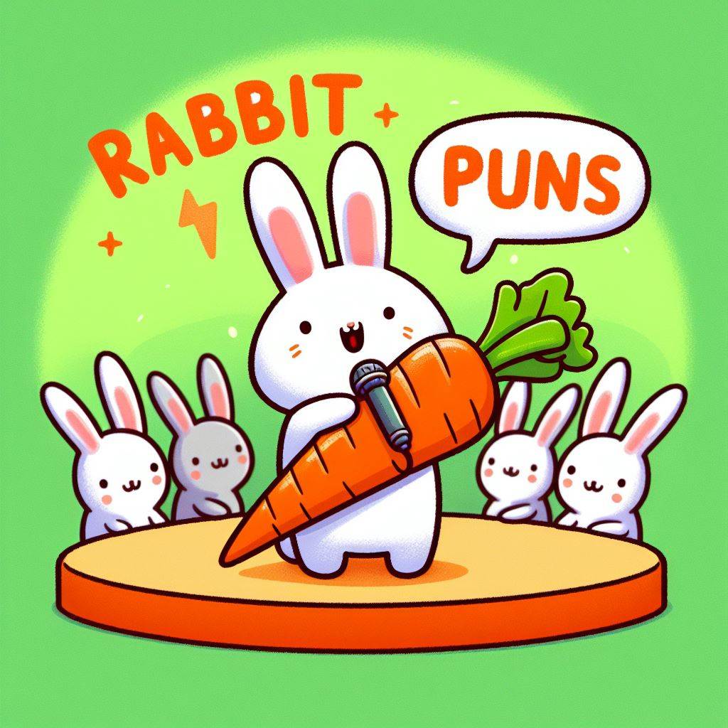 A cute and funny illustration of a rabbit holding a carrot-shaped microphone and telling jokes to an audience of other rabbits. The caption says 'Rabbit Puns'. The image has a bright and colorful style with a green background and orange text.