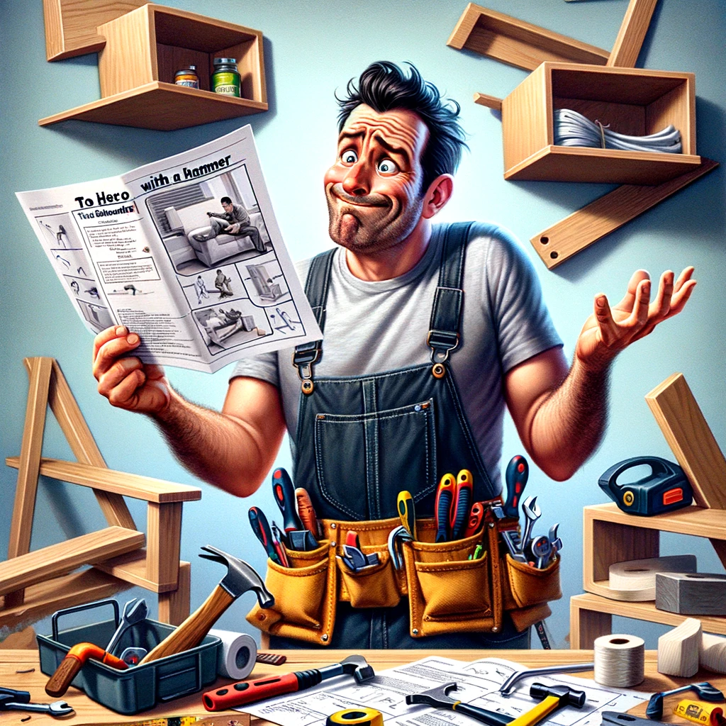 A humorous image of a man attempting a home repair, either looking puzzled with an instruction manual or proudly showing off a lopsided shelf. The man is surrounded by various DIY tools and materials, adding to the chaotic and funny scene. He wears a tool belt and a confused or proud expression. A caption at the bottom reads: "To the hero with a hammer - Happy Birthday to my handyman husband!" The image should be comical, depicting the humorous side of home DIY projects.