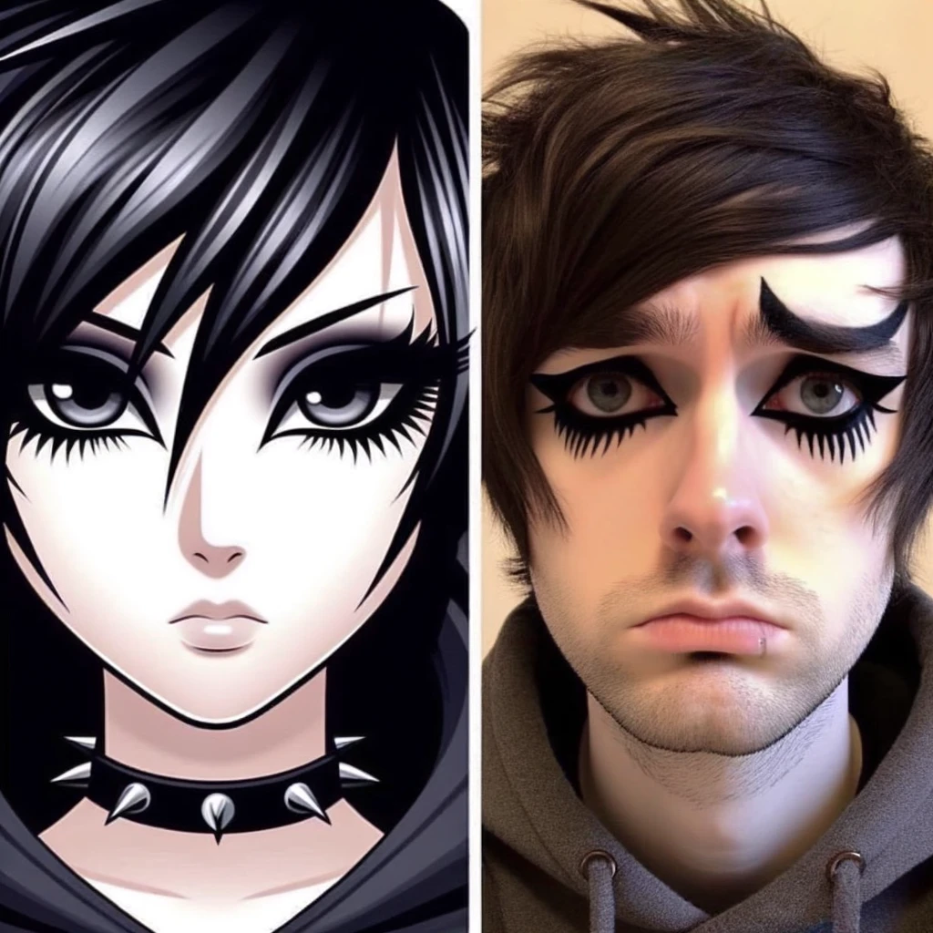 A split image meme. On the left, a perfectly made-up emo character with sharp, even eyeliner. On the right, the same character looking distraught, with one eyeliner wing noticeably thicker and uneven. The comparison highlights the frustration of achieving the perfect emo makeup look, emphasizing the importance of symmetry in eyeliner application for emo style.