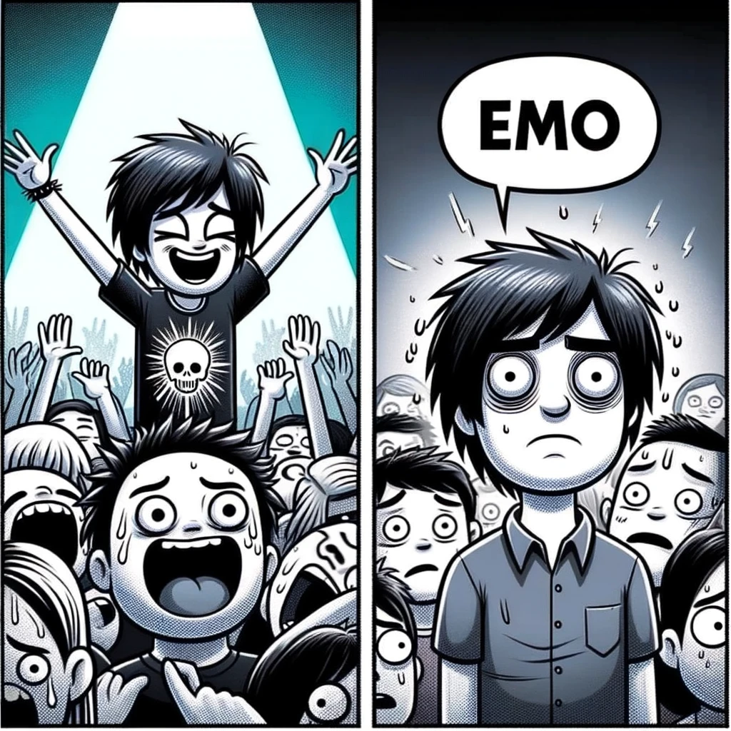 An image split in two. On one side, an emo character is ecstatic at a concert, surrounded by like-minded fans. On the other side, their non-emo friend looks bewildered and slightly scared amidst the crowd. This image humorously contrasts the experiences of an emo fan and their non-emo friend at a music concert, highlighting the difference in their reactions to the same event.