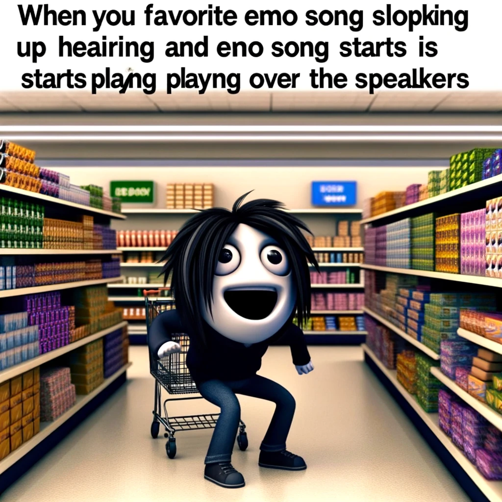 An image showing an emo character in a public setting like a grocery store, suddenly perking up and looking around in surprise as an emo song starts playing over the speakers. The scene captures the unexpected joy and excitement of hearing a favorite emo song in an everyday, mundane environment, highlighting the character's instant connection to the music.