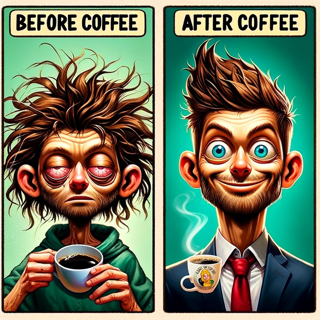 Before Coffee vs. After Coffee Transformation meme. Left side: a disheveled, sleepy person with messy hair, half-closed eyes, captioned 'Before Coffee'. Right side: the same person, now sharply dressed, wide-eyed, energetic, captioned 'After Coffee'. The image is split in the middle, showcasing the drastic transformation.
