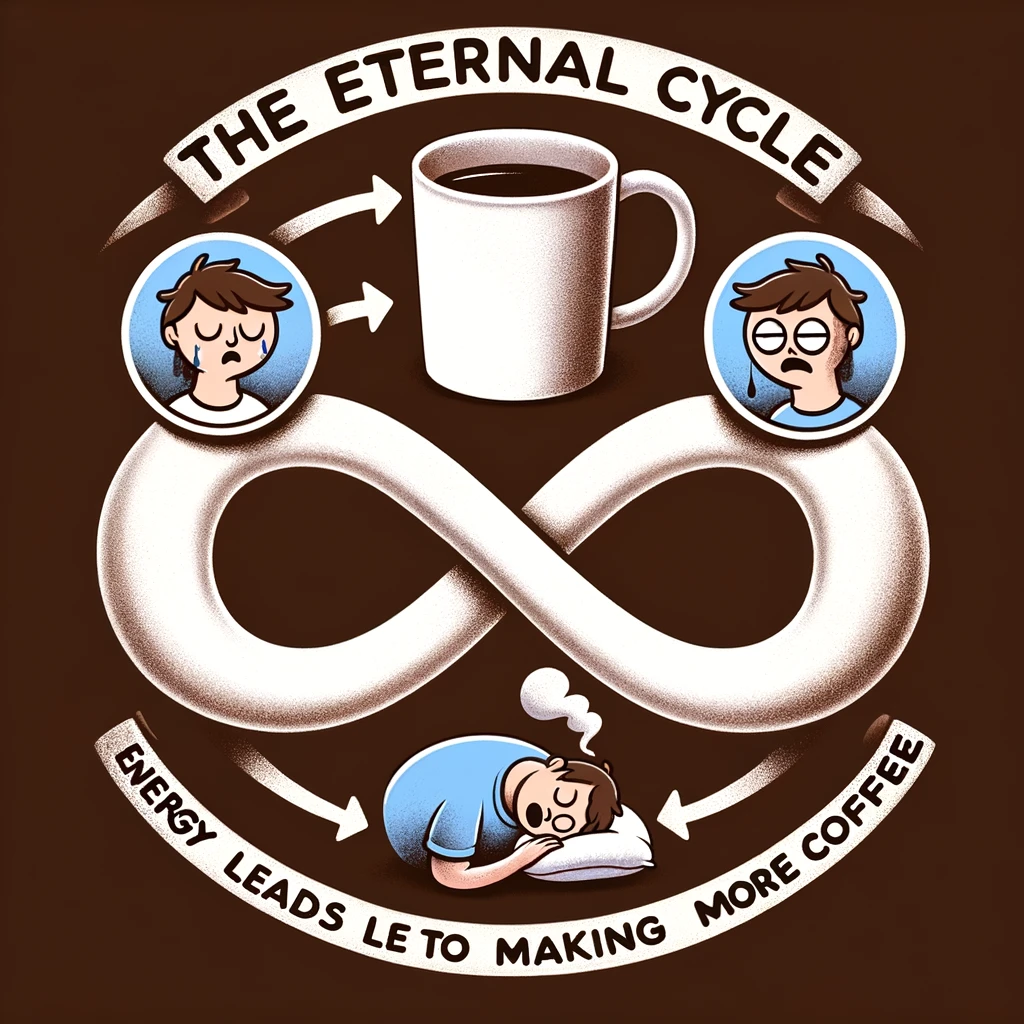 The Never-Ending Cycle meme. An image of a large coffee mug with an infinity symbol looping between the mug and a sleepy person’s head. The cycle suggests coffee leads to energy, which leads to making more coffee. Caption: "The eternal cycle: Coffee leads to energy, energy leads to making more coffee."