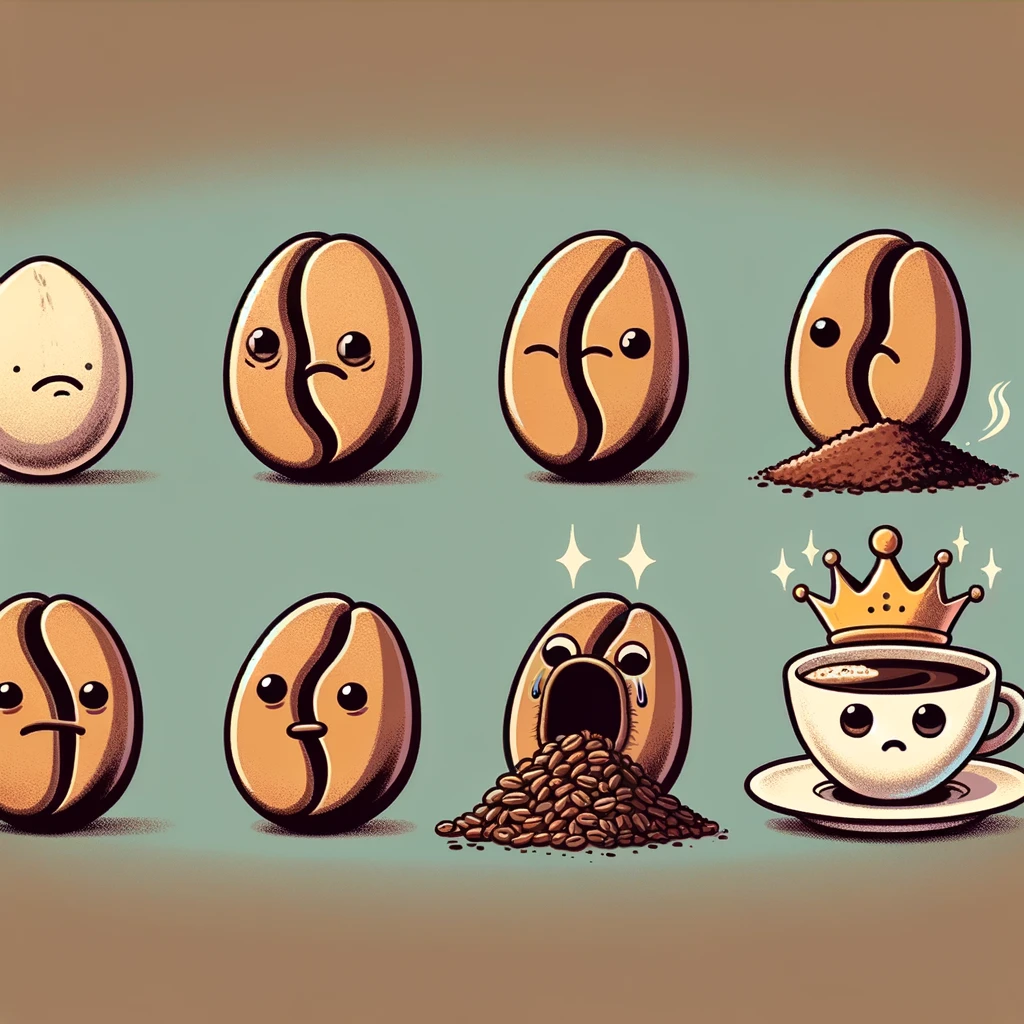 Coffee Bean Evolution meme. A series of images showing the 'evolution' of a coffee bean. First, a raw bean looking sad. Second, a roasted bean looking hopeful. Third, ground coffee looking excited. Finally, a cup of coffee with a king's crown. Each stage shows the bean's transformation. Caption: "Evolution of a Coffee Bean."