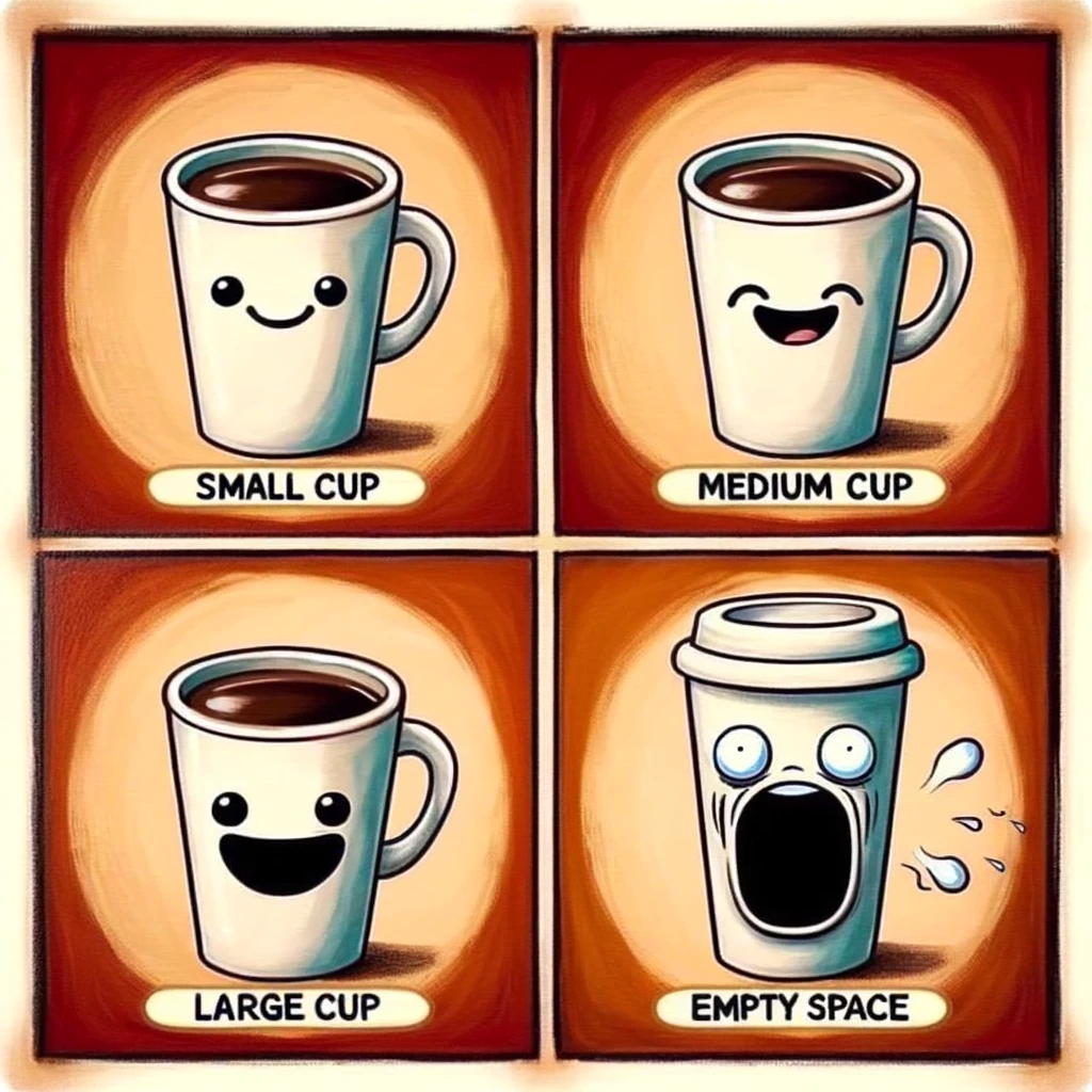 My Coffee Moods meme. Four quadrants, each showing a different coffee cup and a corresponding facial expression. 1) Small cup with a sleepy face. 2) Medium cup with a smiling face. 3) Large cup with an excited face. 4) Empty space with a horrified face. Each quadrant represents a different mood associated with the size of the coffee cup.