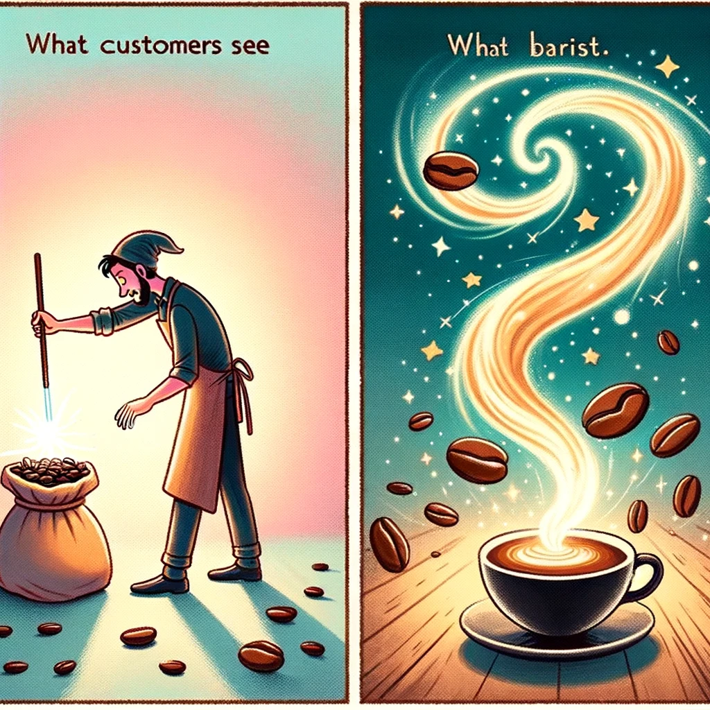Barista's Magic meme. A whimsical image of a barista with a magic wand, turning a bag of coffee beans into a spectacular swirl of coffee magic, leading into a cup. The image captures the magical transformation of beans into a delicious cup of coffee. Caption: "What customers see vs. What baristas feel like."