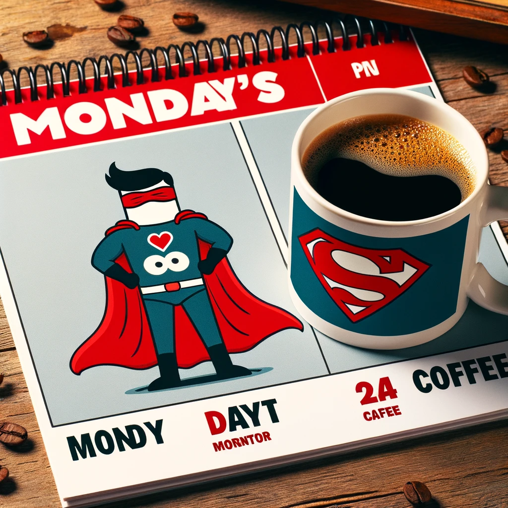 Monday Motivation meme. An image featuring a calendar with Monday circled in red. Next to it, a superhero-sized cup of coffee with a cape, symbolizing the hero-like qualities of coffee on Mondays. The cup of coffee is portrayed as the savior of the day. Caption: "Monday’s Hero."