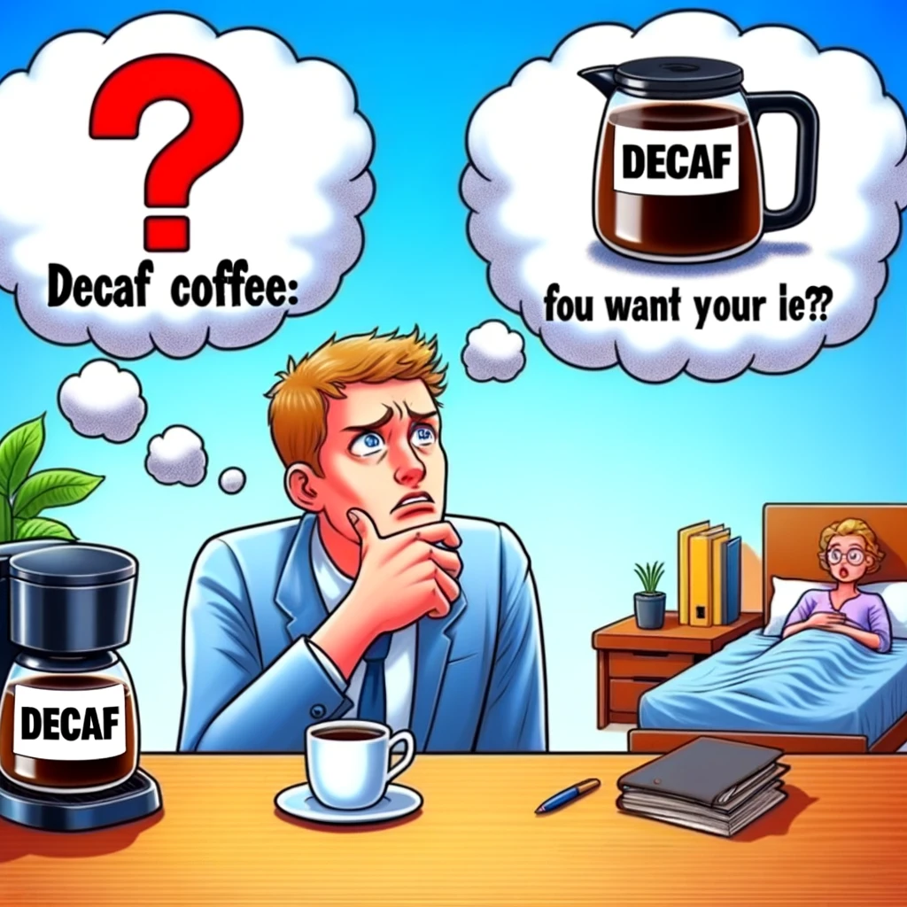 Decaf Dilemma meme. An image of a confused person staring at a coffee pot labeled 'Decaf'. Surrounding them are thought bubbles with question marks, a bed, and an office desk, representing the dilemma of choosing decaf. The image humorously depicts the confusion and irony of choosing decaf coffee. Caption: "Decaf Coffee: For when you want to lie to yourself."