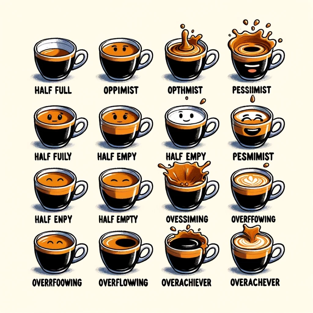 Espresso Yourself meme. A series of espresso shots, each with a different level of fullness representing different moods or states. The series includes: 'Half Full - Optimist', 'Half Empty - Pessimist', 'Overflowing - Overachiever', and other similar contrasting captions, showing a variety of espresso shots and their associated moods.