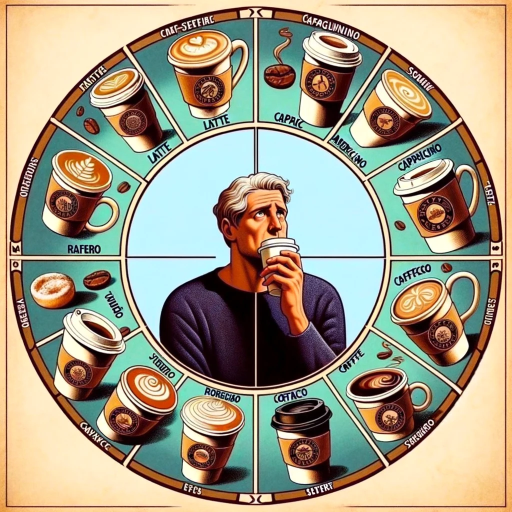 The Coffee Zodiac meme. An image of a zodiac wheel, but instead of astrological signs, it features different types of coffee drinks like Latte, Cappuccino, Americano, etc. In the center, a contemplative person holding a coffee cup, pondering over their coffee choice. The image reflects the concept of coffee preferences being akin to zodiac signs. Caption: "What does your coffee choice say about you?"