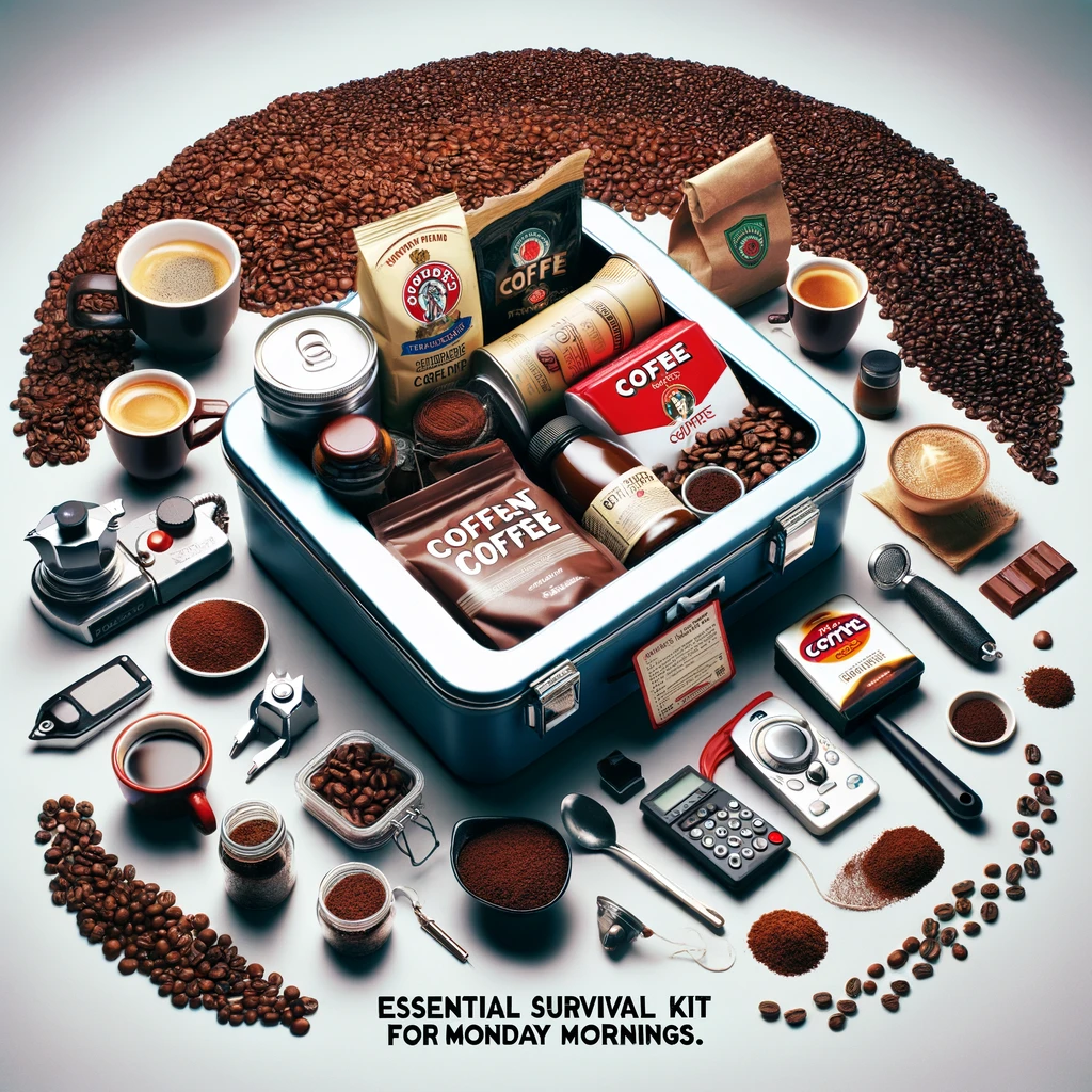 An image of a survival kit filled with various forms of coffee such as beans, instant coffee, a small espresso machine, and other coffee-related items, creatively arranged to resemble a typical survival kit. The image should have a humorous and lighthearted feel, emphasizing the idea that coffee is essential for survival, especially on Monday mornings. Include a caption at the bottom: "Essential survival kit for Monday mornings."