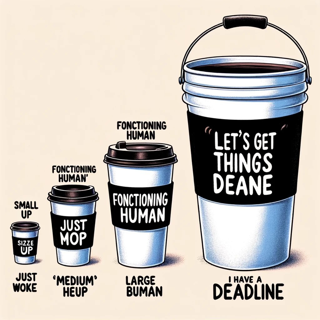 A humorous size chart for coffee cups, starting with a 'Small' cup labeled 'Just Woke Up', a 'Medium' cup labeled 'Functioning Human', a 'Large' cup labeled 'Let's Get Things Done', and ending with an absurdly large bucket labeled 'I Have a Deadline'. The image should be whimsical and exaggerate the sizes humorously to emphasize the dependence on coffee at different levels of alertness and urgency.