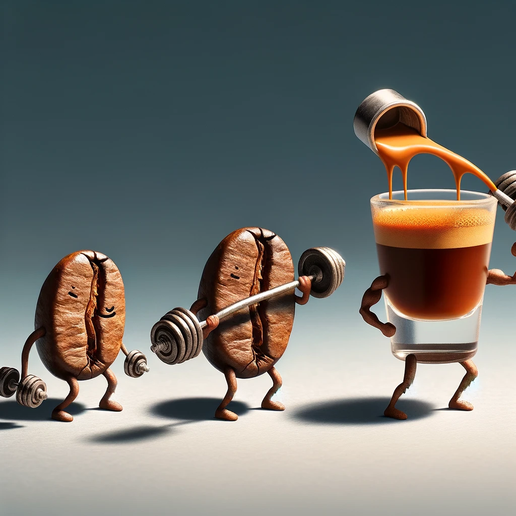 An image featuring a coffee bean lifting tiny weights, with a progression showing it getting stronger and turning into a robust espresso shot. This humorous transformation should capture the idea of a coffee bean 'working out' to become a strong espresso. The image should be playful and imaginative, emphasizing the 'strength' of coffee. Include a caption at the bottom: "Workout goals: from bean to espresso shot."