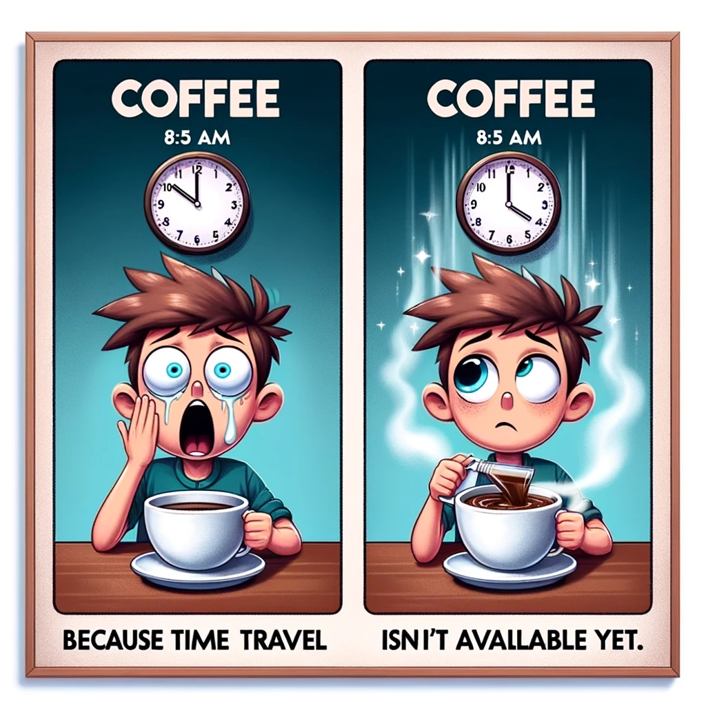 An image depicting a person looking shocked at a clock showing 8 AM, and then the same person looking relieved with a coffee cup at 8:05 AM. This humorous comparison should highlight the transformative power of coffee in the morning. The image should be whimsical and relatable, emphasizing the idea that coffee is almost like time travel for sleepy individuals in the morning. Include a caption at the bottom: "Coffee: Because time travel isn't available yet."