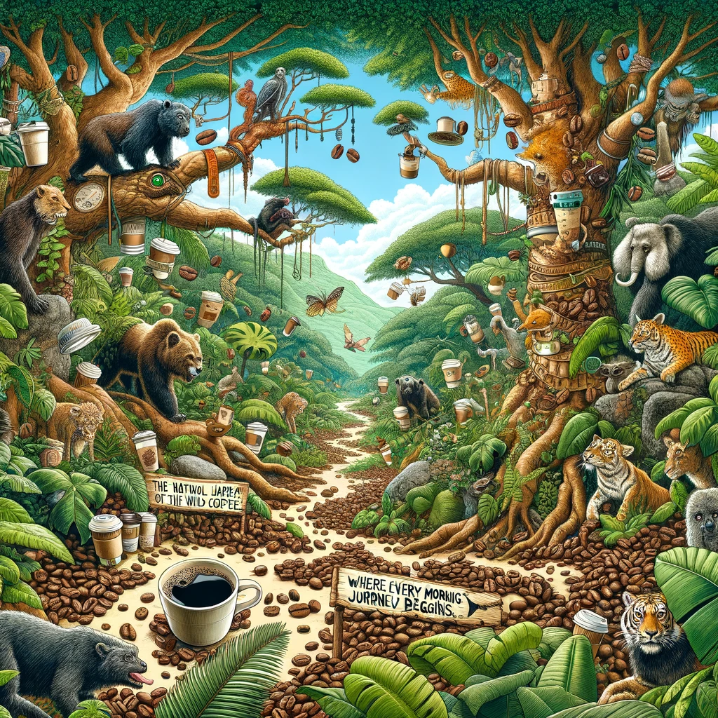 An image of a wild jungle scene, but instead of animals, there are coffee cups, beans, and coffee trees lurking around, creating a humorous twist on a typical jungle landscape. The image should be vibrant and full of life, capturing the essence of a jungle but with coffee-themed elements. This whimsical depiction should emphasize the idea that coffee is an essential part of many people's 'morning journey'. Include a caption at the bottom: "The natural habitat of the wild coffee - where every morning journey begins."