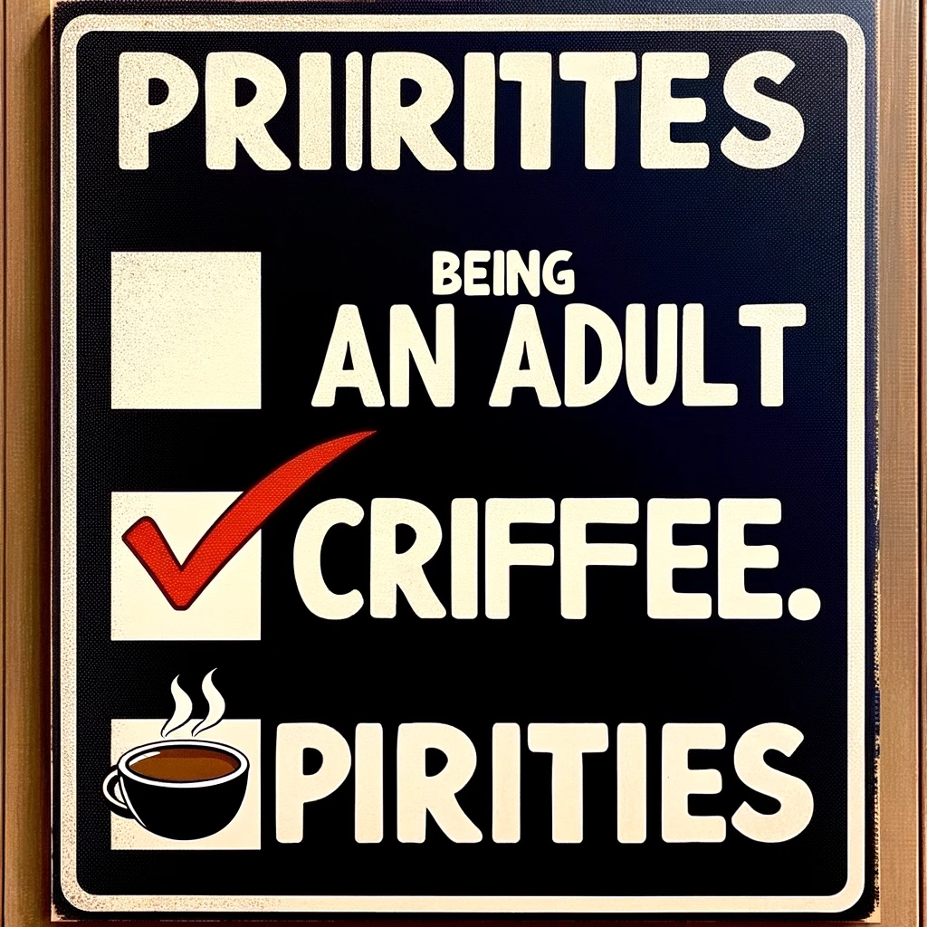 An image featuring two checkboxes. The first checkbox, labeled "Being an adult", is unchecked. The second checkbox, labeled "Drinking coffee", is checked with enthusiasm, possibly with a bold check mark or an animated style. This image should humorously highlight the preference for coffee over adult responsibilities. The image should be simple and relatable, emphasizing the humorous contrast between adult life and the universal love for coffee. Include a caption at the bottom: "Priorities."