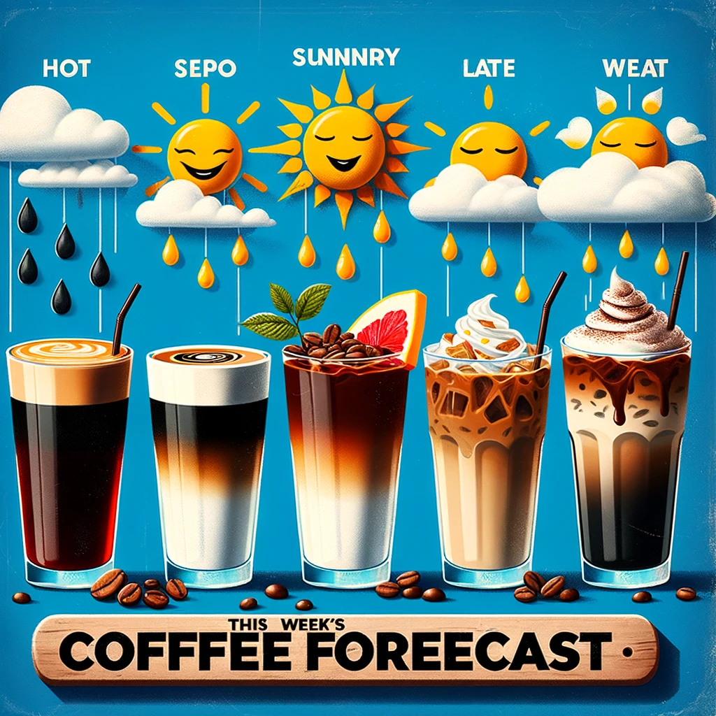 A creative image depicting a weather forecast, but instead of typical weather symbols, it shows different coffee drinks for the weather conditions. For example, a hot espresso for sunny weather, and an iced latte for hot weather. This humorous twist should creatively blend the concept of weather forecasting with different types of coffee drinks. The image should be colorful and playful, making a fun correlation between weather and coffee preferences. Include a caption at the bottom: "This week's coffee forecast."