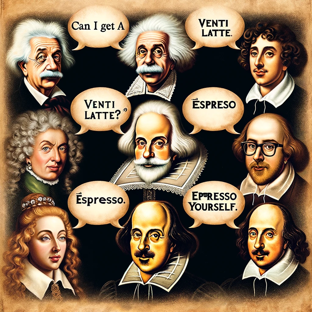An imaginative image featuring famous historical figures, like Einstein and Shakespeare, but with speech bubbles saying modern coffee lingo such as "Can I get a venti latte?" or "Espresso yourself." This humorous depiction should blend the classical appearance of these figures with contemporary coffee culture. The image should be witty and playful, creating a fun juxtaposition between historical significance and modern-day coffee trends. Include a caption at the bottom: "If historical figures were coffee lovers."