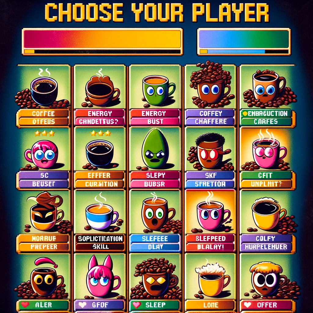 An image depicting a selection screen like in a video game, but with different coffee types as 'characters'. Each coffee type should have humorous skill ratings like "Energy Boost," "Sophistication," or "Sleep Delay." The image should be colorful and dynamic, resembling a video game character selection screen but with a coffee twist. Each coffee type should be uniquely represented, showcasing its 'character traits'. The image should be playful and engaging, appealing to coffee lovers and gamers alike. Include a caption at the bottom: "Choose Your Player: Coffee Edition."