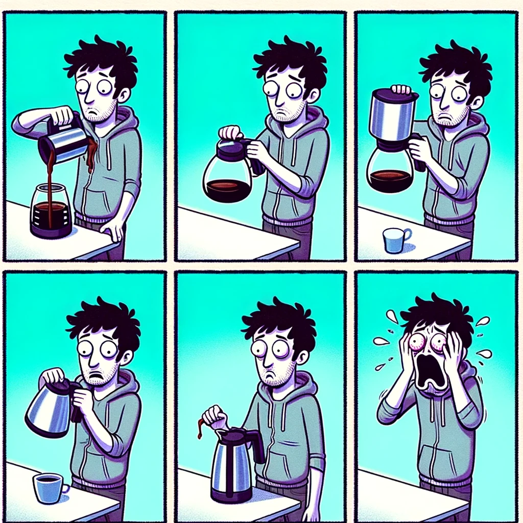 A comic strip depicting a sequence of images showing a person's escalating panic as they try to pour coffee from an empty coffee pot. The first frame shows them casually pouring, the next few frames show their growing disbelief and panic as nothing comes out, and the final frame shows them wide-eyed and distraught, with a caption below saying: "When the coffee pot is empty, so is my soul." The style should be humorous and exaggerated to emphasize the comic nature of the situation.