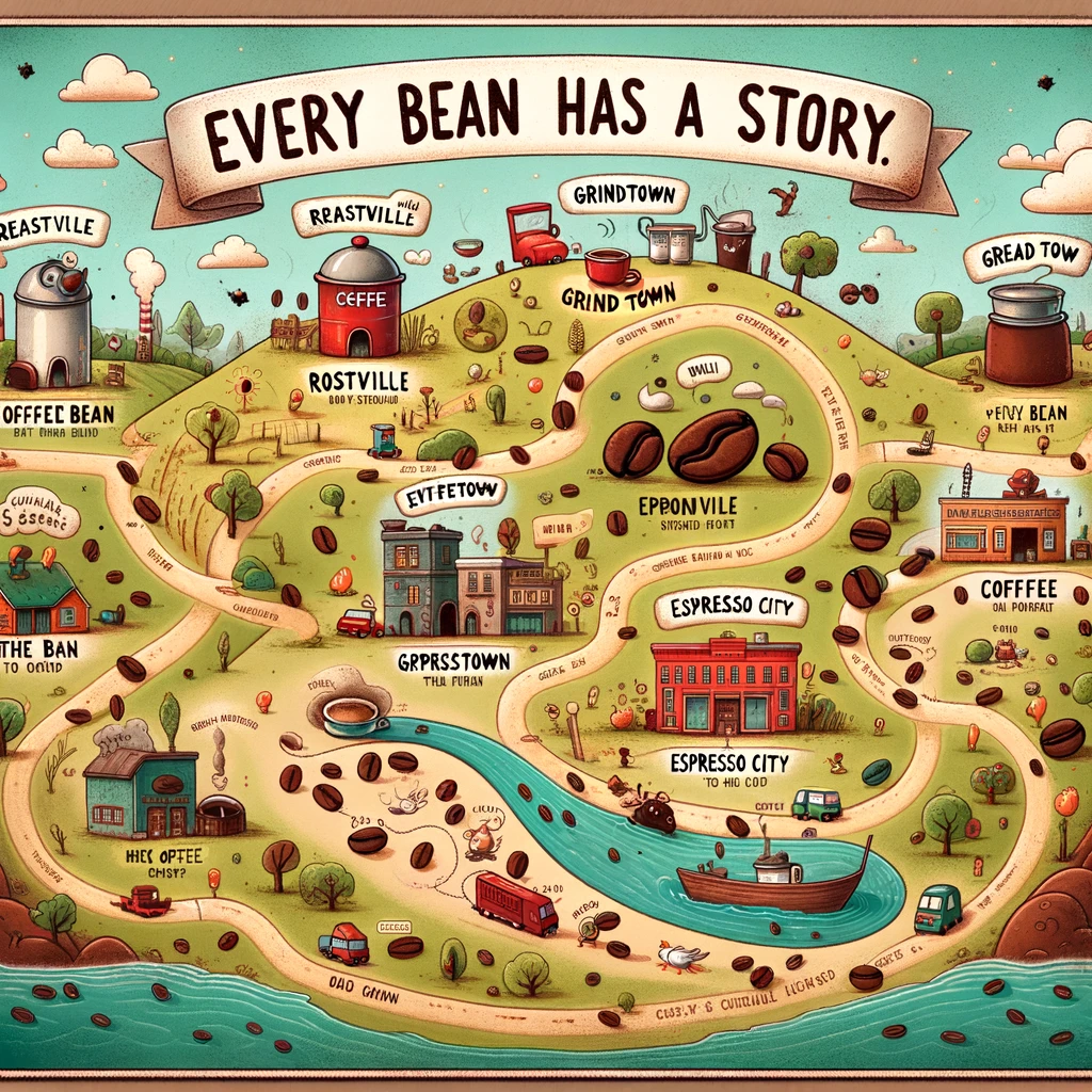 An illustrated map showcasing the humorous journey of a coffee bean from the farm to the cup. The map includes creative and whimsical locations such as "Roastville," where beans are roasted, "Grindtown," where they are ground, and "Espresso City," the final destination where the coffee is brewed. The path should be dotted with little adventures and funny incidents that a coffee bean might encounter on its way. Below the map, include a caption: "Every bean has a story." The style should be playful and colorful, appealing to coffee enthusiasts.