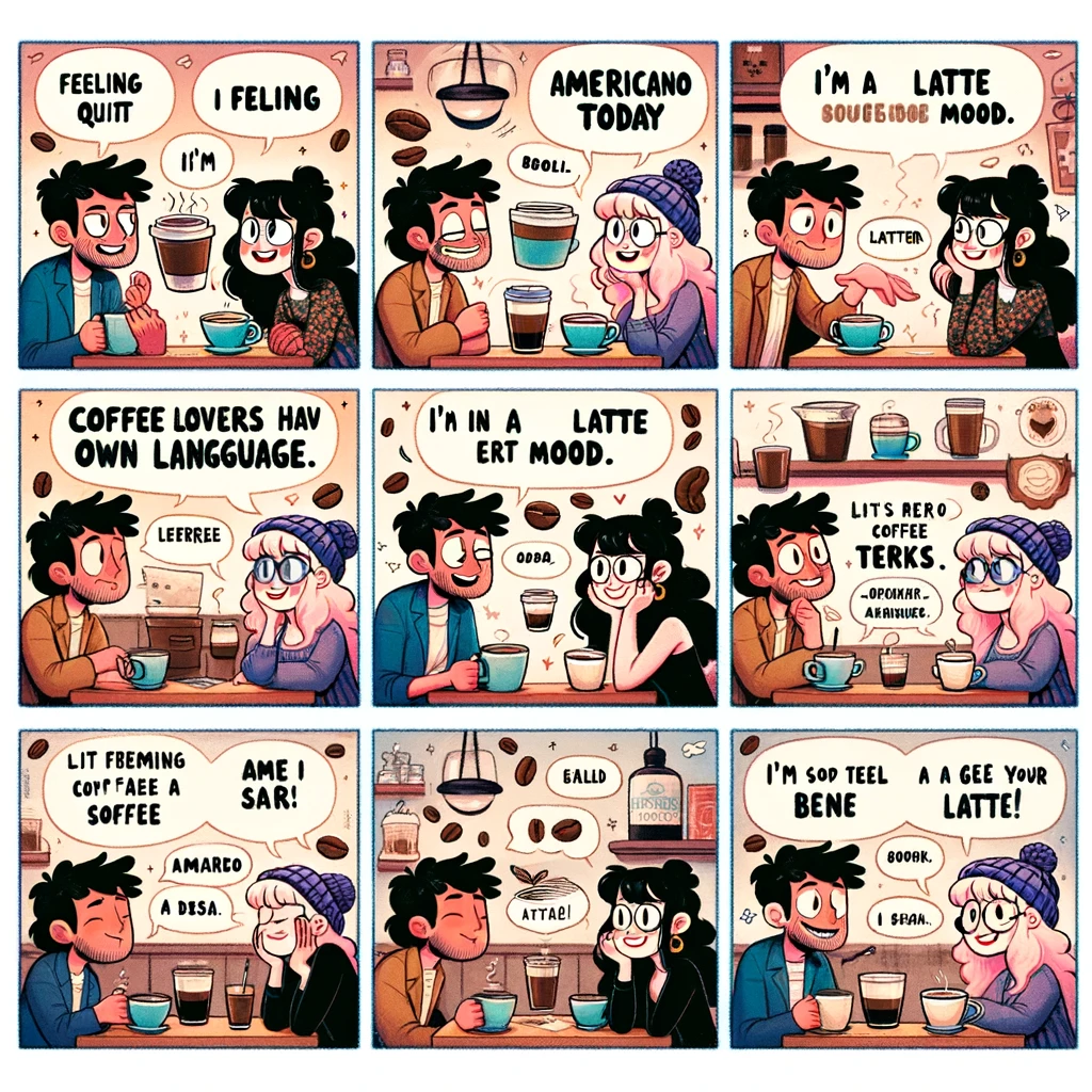 A comic strip featuring two people engaged in a conversation using coffee-related terms. The characters use phrases like "Feeling quite Americano today" or "I'm in a latte mood," in a playful and humorous manner. The setting is a cozy coffee shop, with coffee cups, beans, and other related items subtly included in the background. Each panel shows a different part of their conversation, with expressions and gestures that match the coffee terms they're using. At the bottom, include a caption: "Coffee lovers have their own language." The style should be light-hearted and engaging, capturing the quirky nature of the conversation.
