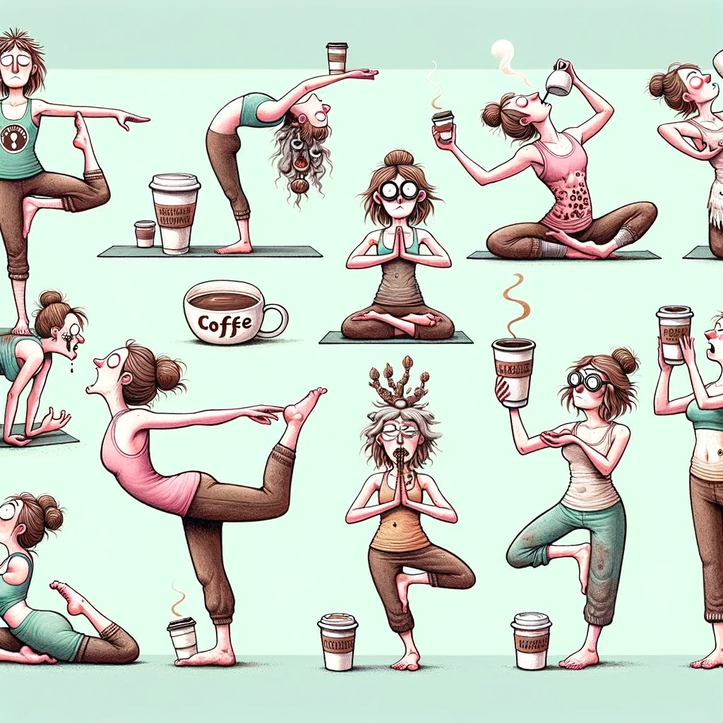An illustration depicting various yoga poses with a twist, each pose is creatively adapted to include the act of drinking coffee. The poses include 'The Balancing Barista,' a tree pose where a person is reaching for a coffee cup, and 'The Latte Lunge,' where a lunge pose is combined with sipping a latte. Each pose should be humorously exaggerated to emphasize the combination of yoga and coffee. The characters should appear focused yet playful, demonstrating the quirky nature of combining yoga with coffee drinking. Include a caption at the bottom: "Coffee Yoga - For inner peace and caffeine." The overall style should be whimsical and lighthearted.