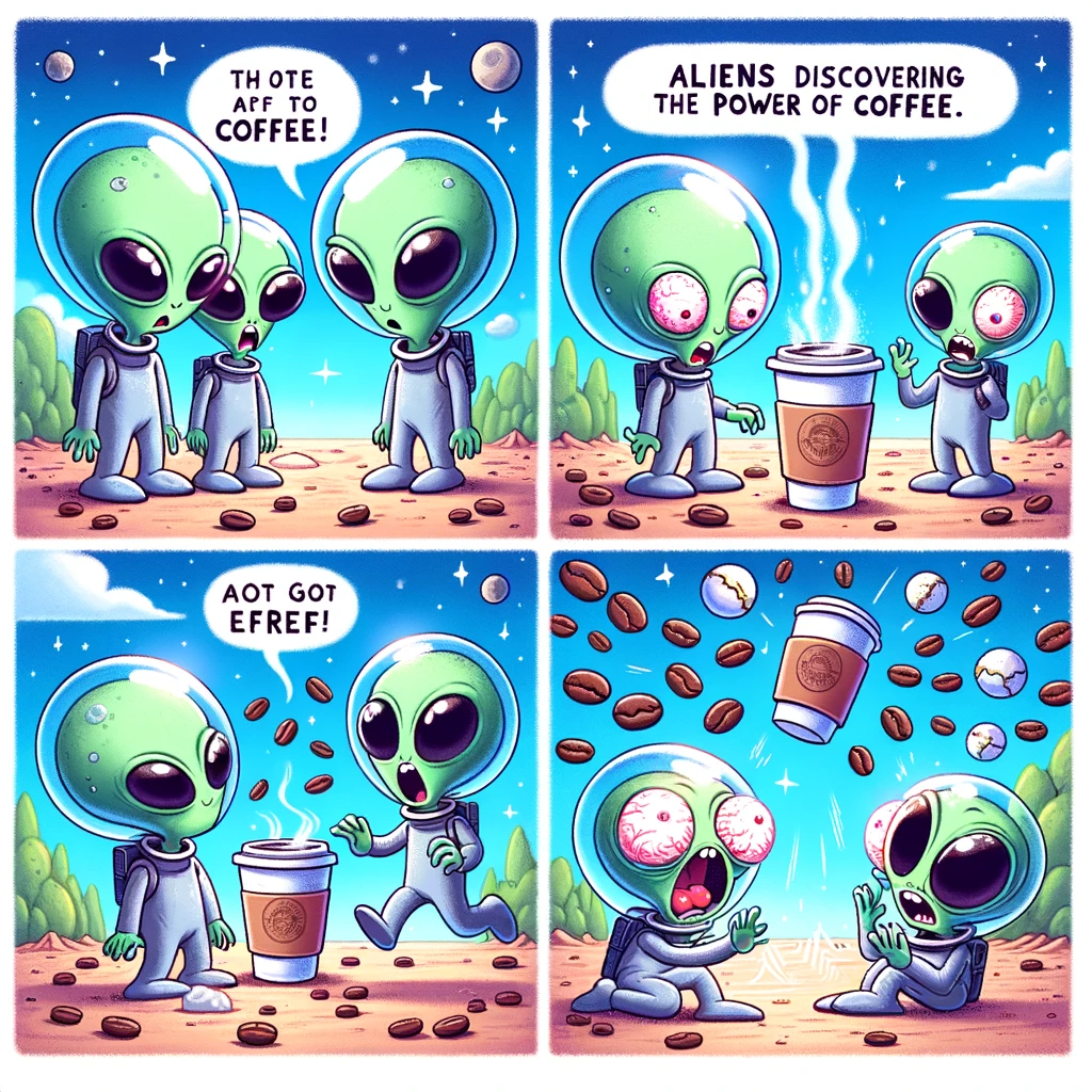 An illustration showing aliens landing on Earth and encountering coffee for the first time. The first frame shows aliens looking puzzled at a coffee cup. The next frame depicts them tentatively trying the coffee. The final frame shows them hyperactively zooming around, overwhelmed by the caffeine. The aliens should have a cartoonish and friendly design, and their reactions should be exaggerated for comedic effect. The setting can include recognizable Earth elements like a coffee shop or cityscape in the background. Include a caption at the bottom: "Aliens discovering the power of coffee." The style should be playful and engaging, appealing to a wide audience.
