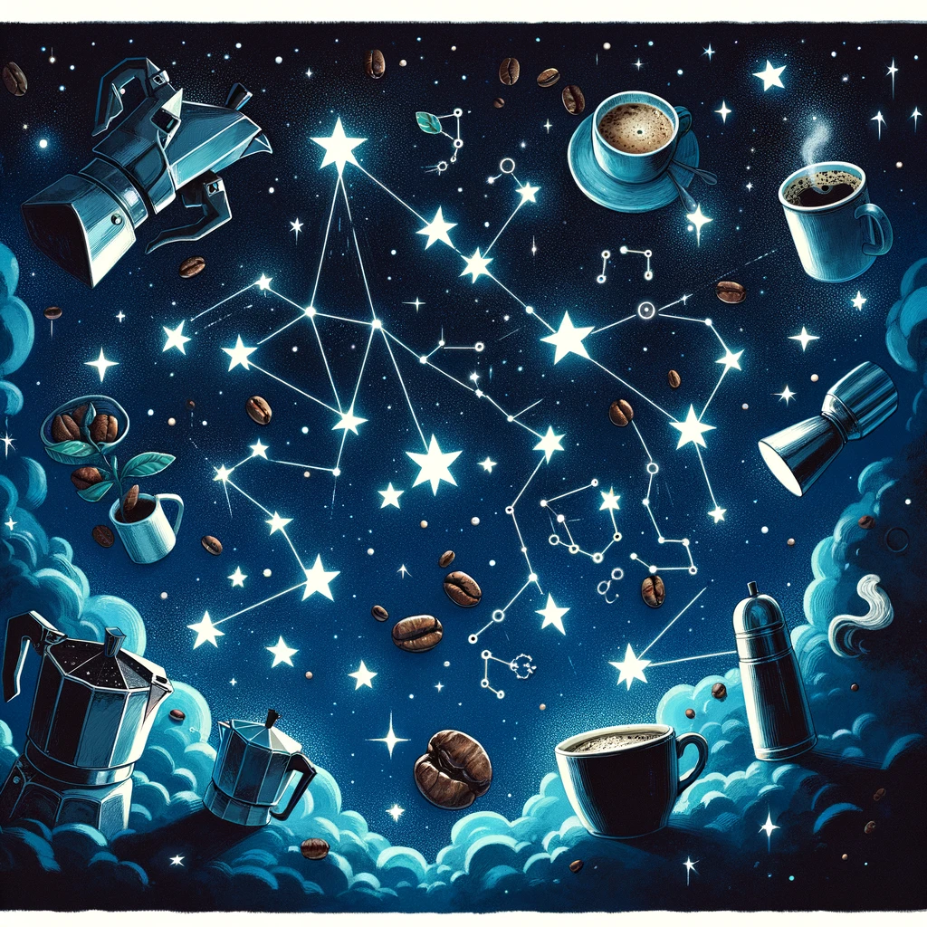 A whimsical illustration of a starry night sky where the stars are connected to form various coffee cups and coffee-related items. The constellations should be creatively designed to represent different types of coffee cups, a coffee pot, coffee beans, and other related items, all interconnected in the sky. The background should be a deep blue or black, with stars shining brightly to form the constellations. The overall look should be magical and enchanting, appealing to coffee enthusiasts. Include a caption at the bottom: "The night sky for coffee lovers." The style should be dreamy and artistic, capturing the wonder of the night sky and the love for coffee.