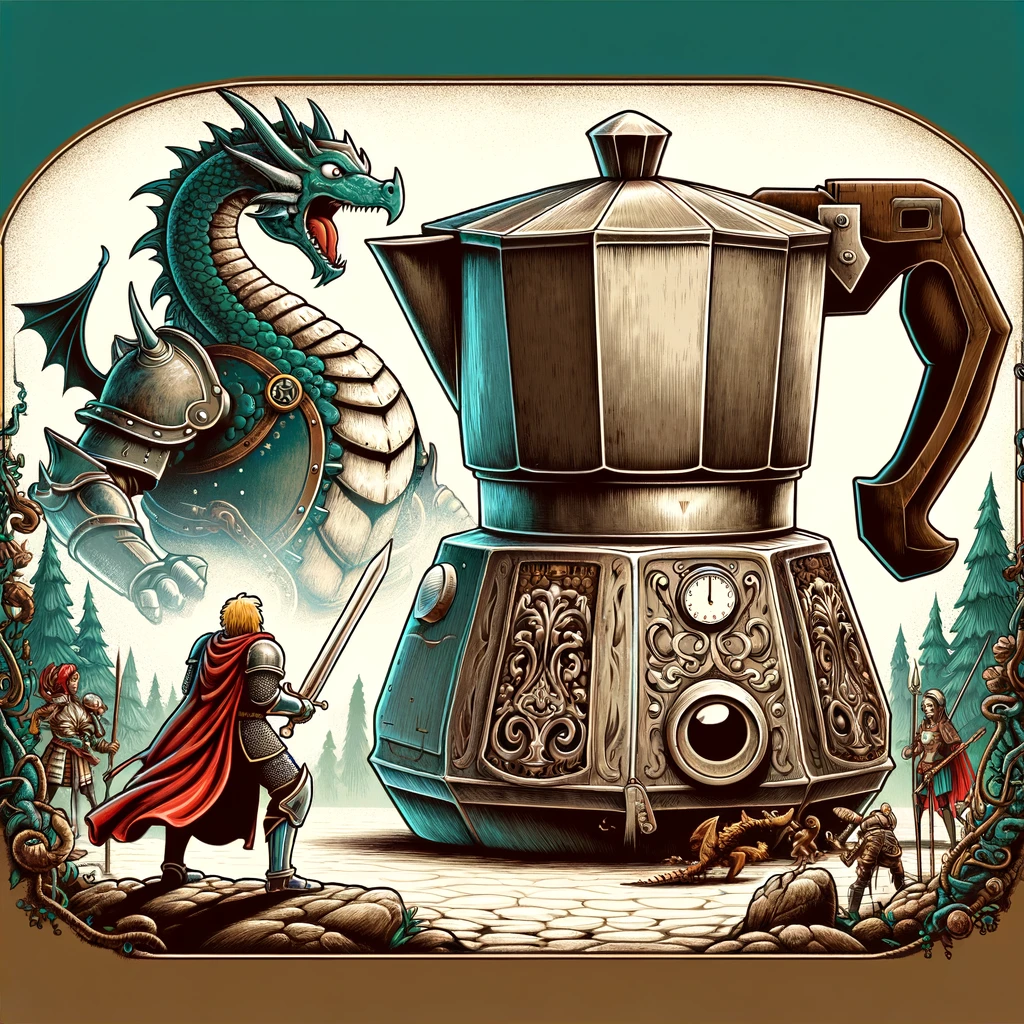 An illustration depicting a medieval knight on a quest, but instead of facing a dragon, he's confronting a giant coffee pot. The knight, in full armor, should look determined and brave, holding a sword or a lance, standing in front of the enormous coffee pot. The coffee pot should be humorously oversized, dwarfing the knight, and designed with a medieval aesthetic. The background can include elements like a mystical forest or a castle to enhance the medieval theme. Include a caption at the bottom: "In search of the Holy Grail of Coffee." The style should be a blend of fantasy and humor, appealing to coffee lovers and fans of medieval adventures.