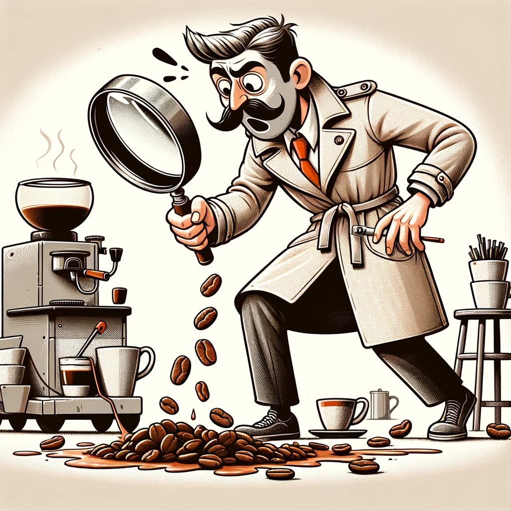 An illustration of a detective at a crime scene, but instead of looking for regular clues, he's following a trail of spilled coffee beans. The detective should have a classic detective look, with a trench coat and a magnifying glass, examining the coffee beans. The scene should be humorous, with exaggerated expressions and poses, showing the detective's dedication to finding the perfect brew. The background can include coffee cups, a coffee machine, or other coffee-related items to enhance the theme. Include a caption at the bottom: "On the trail of the perfect brew." The style should be whimsical and playful, capturing the detective's quirky investigation.