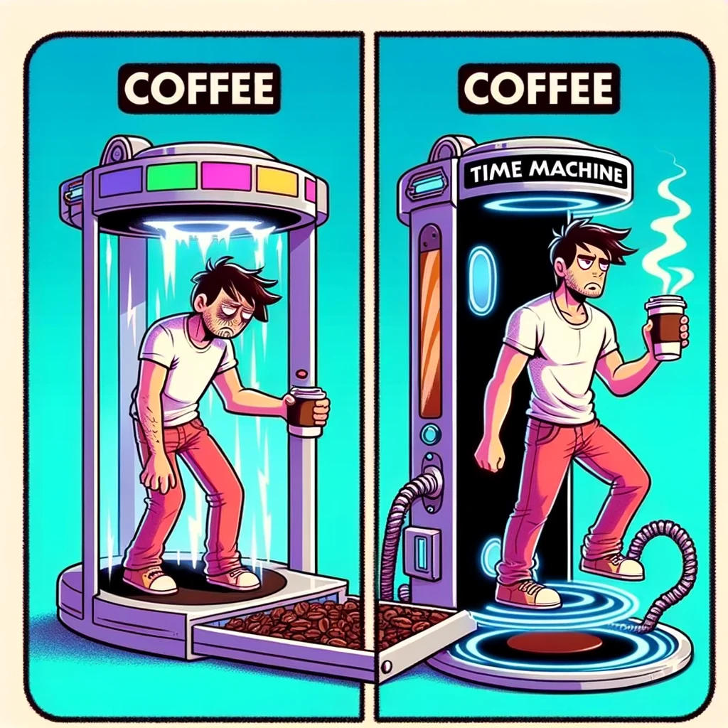 A humorous meme illustration depicting a 'Coffee Time Machine'. It shows a split image with one side featuring a tired and sleepy person stepping into a futuristic-looking time machine. The other side of the image shows the same person stepping out of the time machine, now looking energized and refreshed, holding a cup of coffee in their hand. The caption at the bottom reads: 'Coffee: The original time machine.' The style should be colorful and cartoon-like, emphasizing the transformation and the humor of the situation.