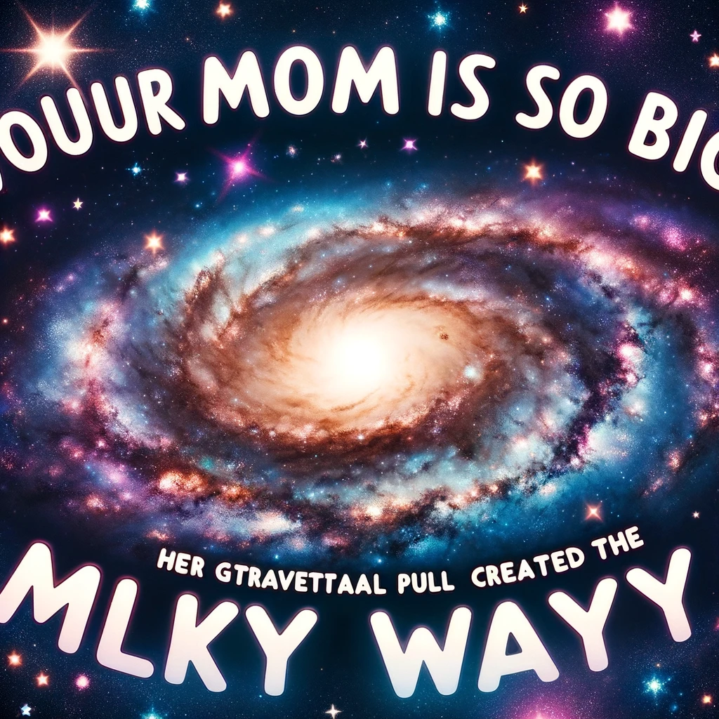 A cosmic scene showing a vast, star-filled universe. In the center, a spiral galaxy resembling the Milky Way stands out prominently. The image is vibrant with colors like deep blues, purples, and twinkling stars of various sizes. Across this celestial backdrop, a humorous caption reads in bold, playful font: "Your mom is so big, her gravitational pull created the Milky Way." The style is reminiscent of a classic meme, with the text clearly superimposed over the image.