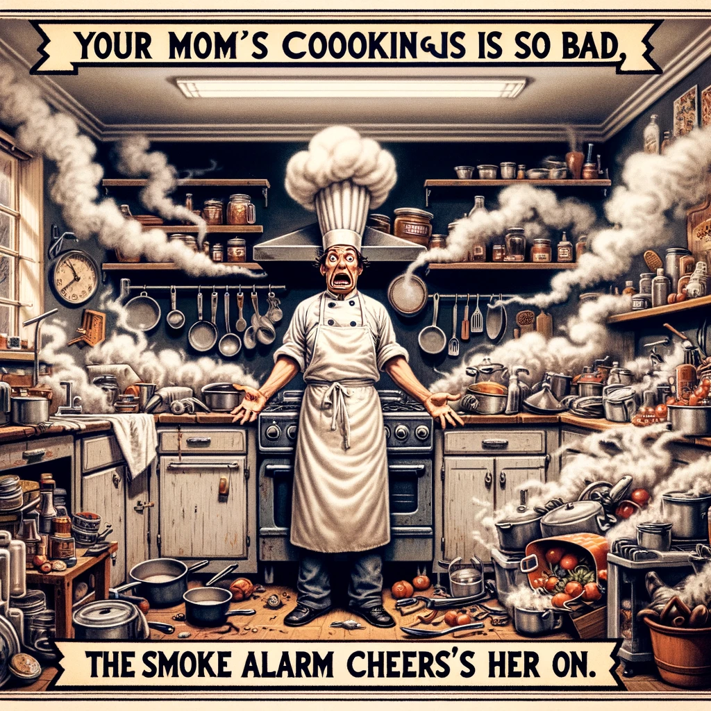 A comical image of a chef standing in a chaotic kitchen, looking utterly confused and overwhelmed. The kitchen is messy, with pots and pans scattered, smoke billowing from a stove, and ingredients strewn about. The chef, wearing a traditional chef's hat and apron, has a bewildered expression. Above this scene, a humorous caption in bold, playful font reads: "Your mom's cooking is so bad, the smoke alarm cheers her on." The style is reminiscent of a classic meme, with the text clearly superimposed over the chaotic kitchen scene.