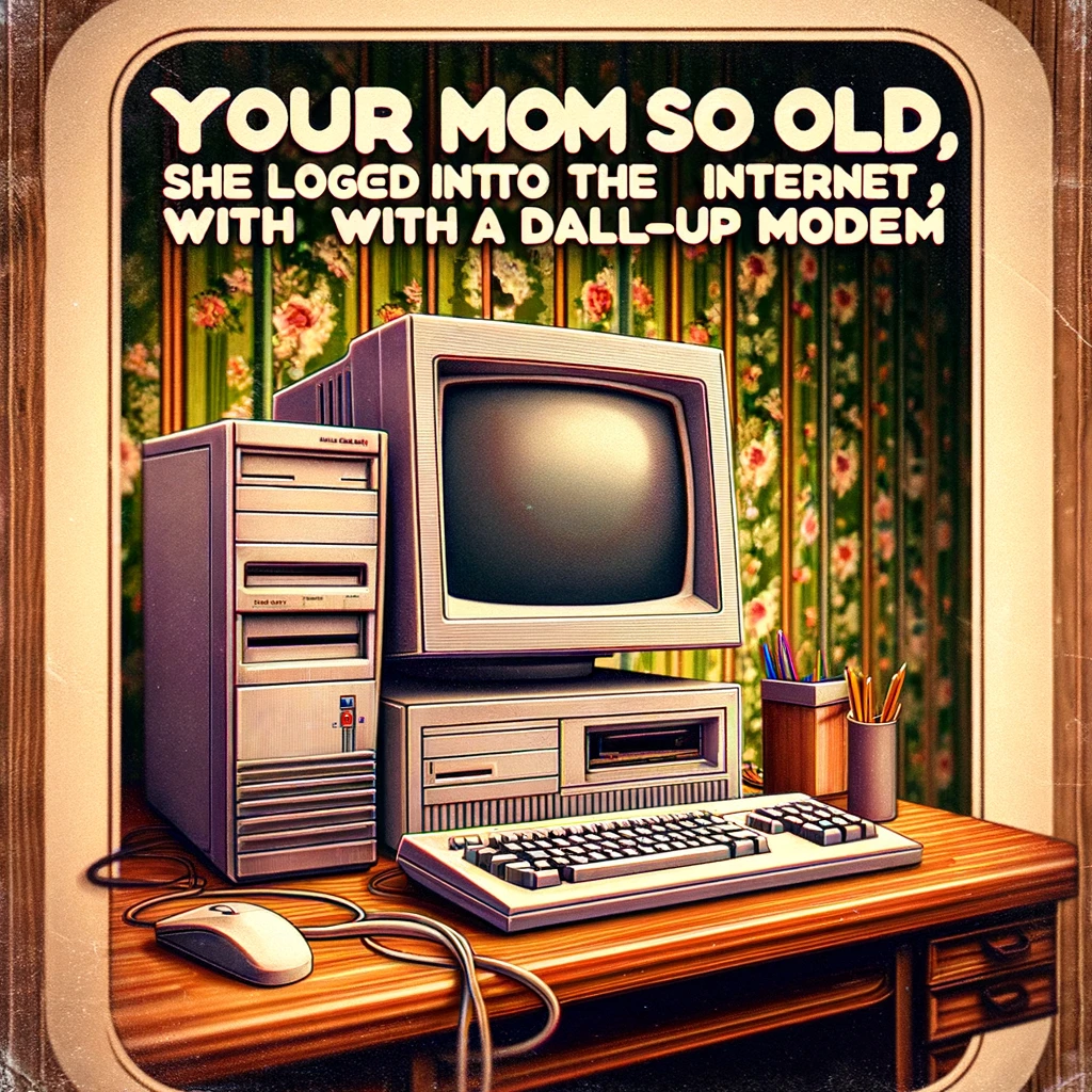 An image depicting an old, bulky computer from the 90s, complete with a large CRT monitor, a keyboard with big keys, and a tower with floppy disk drives. The computer is set on a desk reminiscent of the 1990s, with old-fashioned wallpaper in the background. A humorous caption in bold, playful font is superimposed over the image, reading: "Your mom is so old, she logged into the internet with a dial-up modem." The style of the meme is classic, with the text clearly visible over the image of the retro computer.