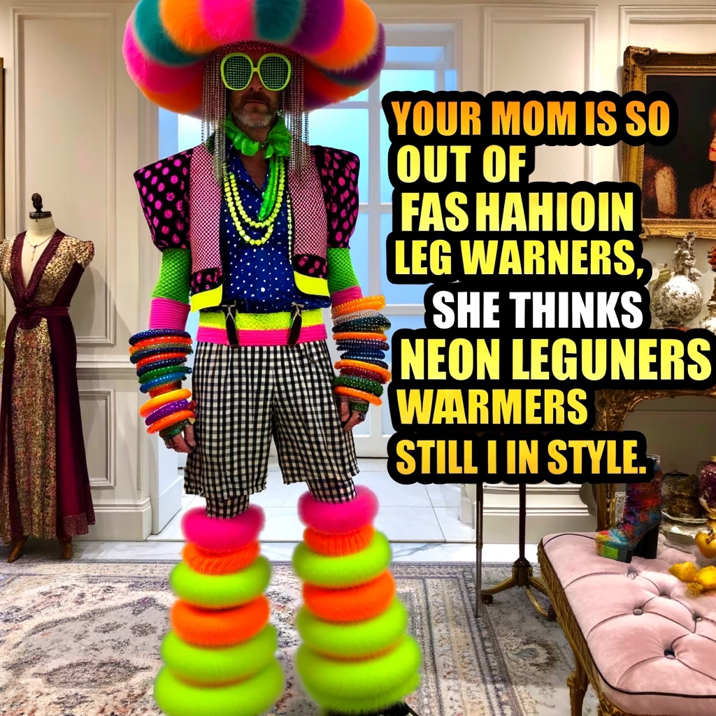 An image showcasing a person wearing a humorous mix of fashion styles. The person is dressed in bright neon leg warmers, oversized shoulder pads, a polka dot shirt, and a checkered skirt, topped with a wildly colorful hat. Accessories like large plastic bangles and oversized sunglasses add to the mismatched look. The scene is set in a fashionably decorated room, perhaps a boutique. A caption in bold, playful font reads: "Your mom is so out of fashion, she thinks neon leg warmers are still in style." The meme style is classic, with the text clearly superimposed over the image.