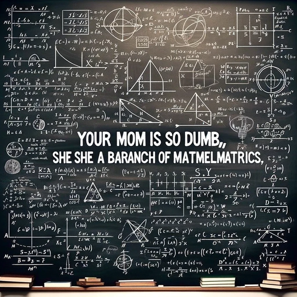 An image of a chalkboard filled with complex and nonsensical mathematical equations, symbols, and diagrams. The chalkboard is in a classroom setting, with a few scattered books and a piece of chalk lying nearby. Despite the complexity, the equations are intentionally incorrect or illogical, adding to the humor. A caption in bold, playful font is superimposed over the image, reading: "Your mom is so dumb, she thinks algebra is a branch of mathematics." The style of the meme is classic, with the text clearly visible over the complex but nonsensical equations.