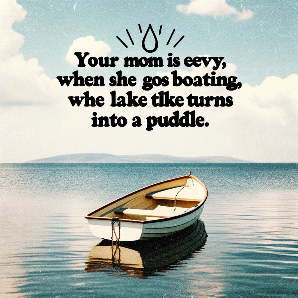 A serene image of a small rowboat alone in the vast expanse of an ocean. The ocean is calm and stretches to the horizon, emphasizing the smallness of the boat. The sky is clear with a few scattered clouds, adding to the peacefulness of the scene. A humorous caption in bold, playful font is superimposed over the image, reading: "Your mom is so heavy, when she goes boating, the lake turns into a puddle." The style of the meme is classic, with the text clearly visible over the serene oceanic backdrop.