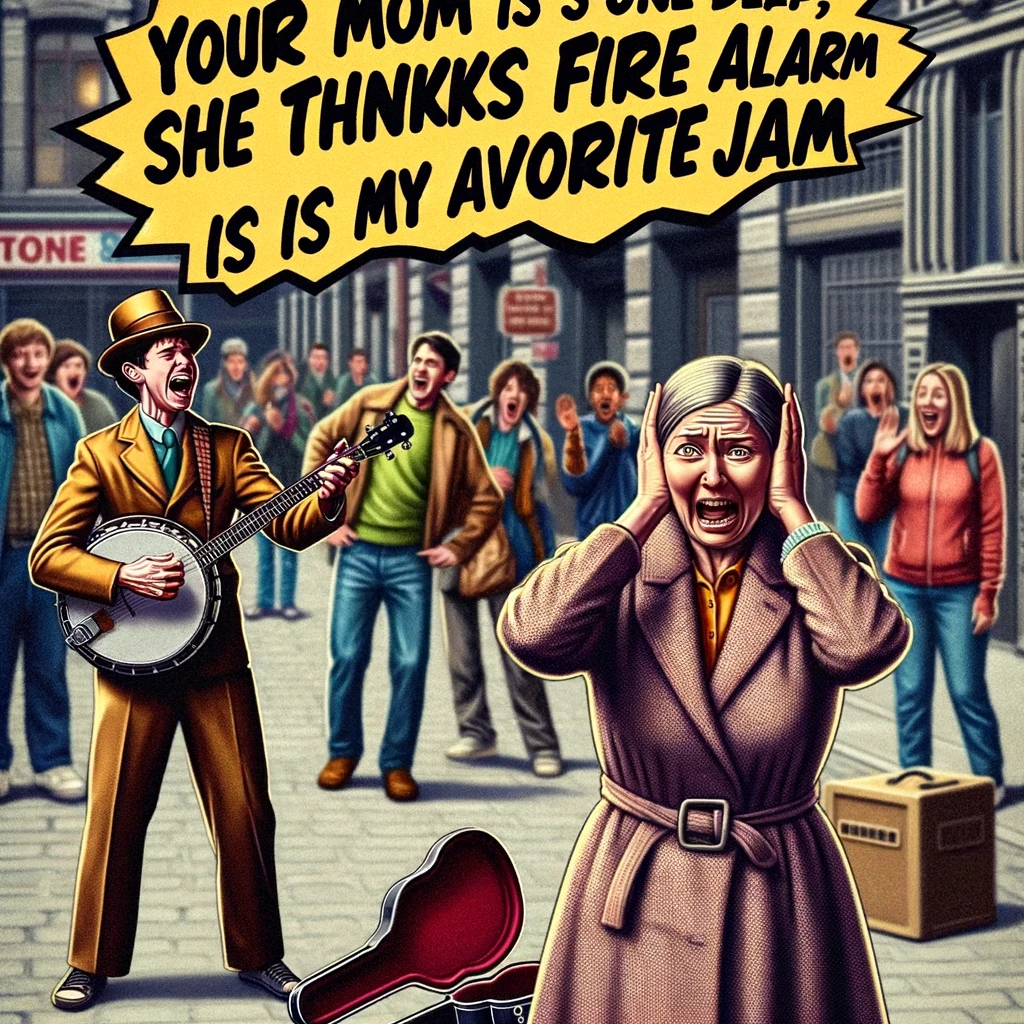 An image of a person holding their ears in distress in front of a street performer. The street performer is comically bad, playing an instrument out of tune or singing off-key, set in an urban street scene. Bystanders are shown with various expressions of disbelief or amusement. A humorous caption in bold, playful font reads: "Your mom is so tone-deaf, she thinks the fire alarm is her favorite jam." The style is reminiscent of a classic meme, with the text clearly superimposed over the image of the street performance.