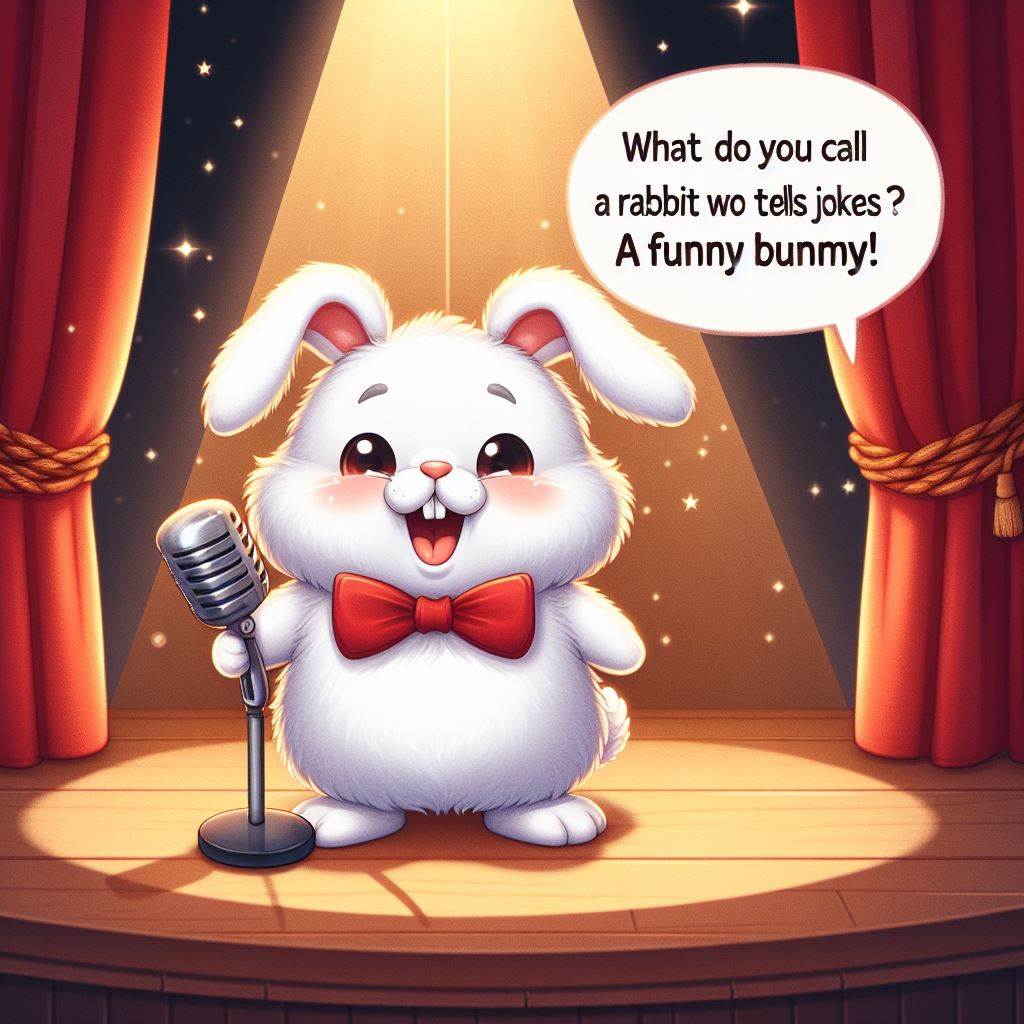 A cute and fluffy white rabbit wearing a red bow tie and holding a microphone, standing on a stage with a spotlight and a curtain behind him. The caption reads: 'What do you call a rabbit who tells jokes? A funny bunny!'